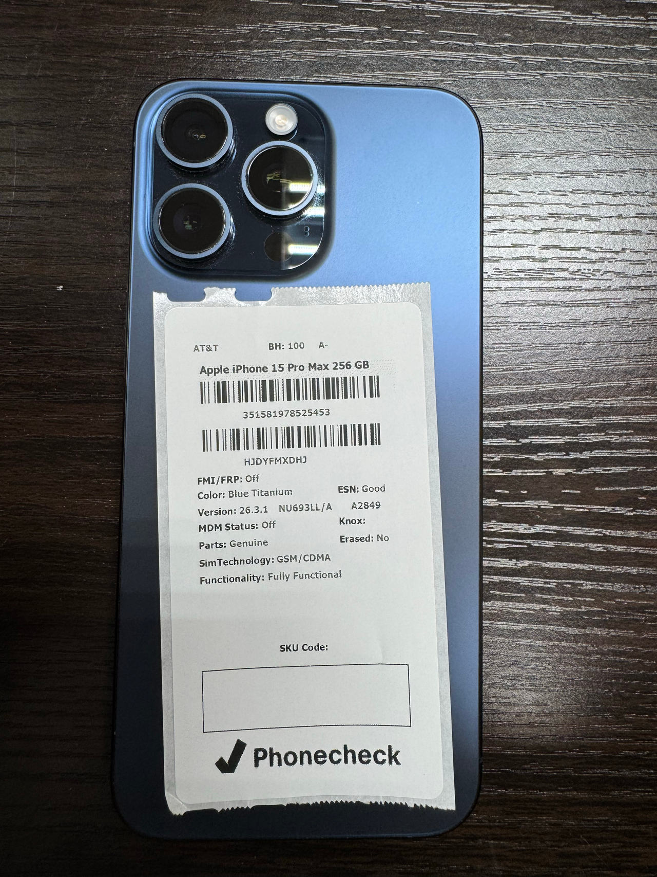Apple iPhone 15 Pro Max 256GB Blue Titanium AT&T Locked 100% Battery