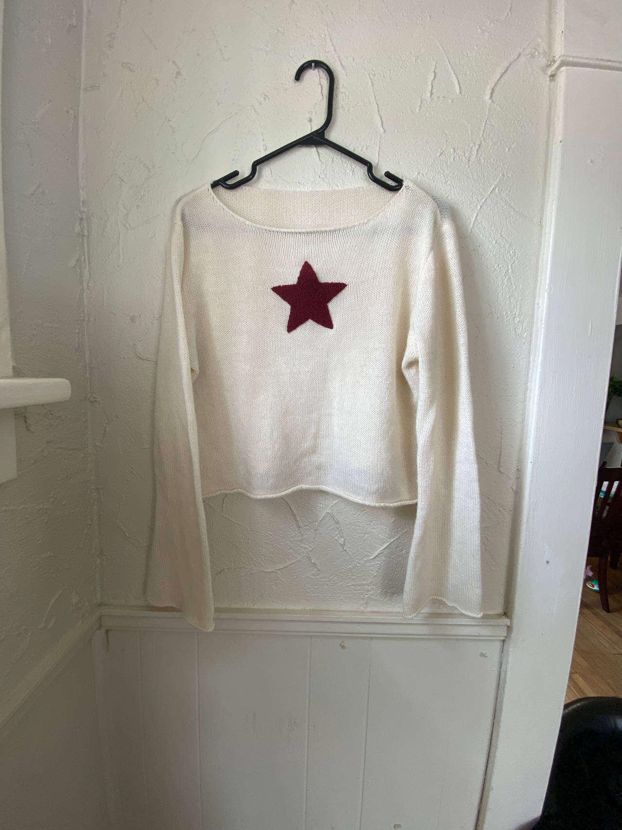 White Knit Sweater with Red Star
