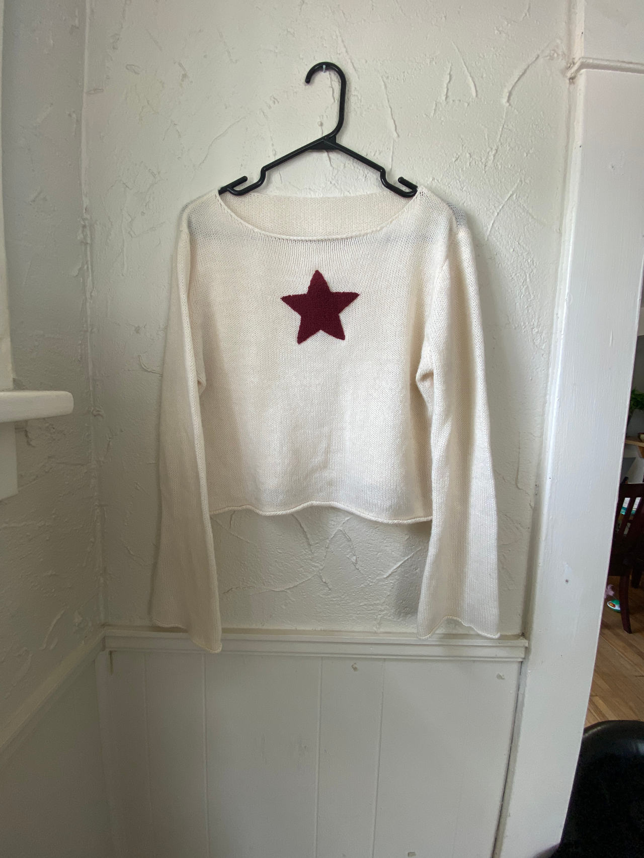 White Knit Sweater with Red Star
