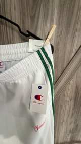 New Women’s Champion White Track Pants w/Green Stripes Pink lettering Size Large - Image 3