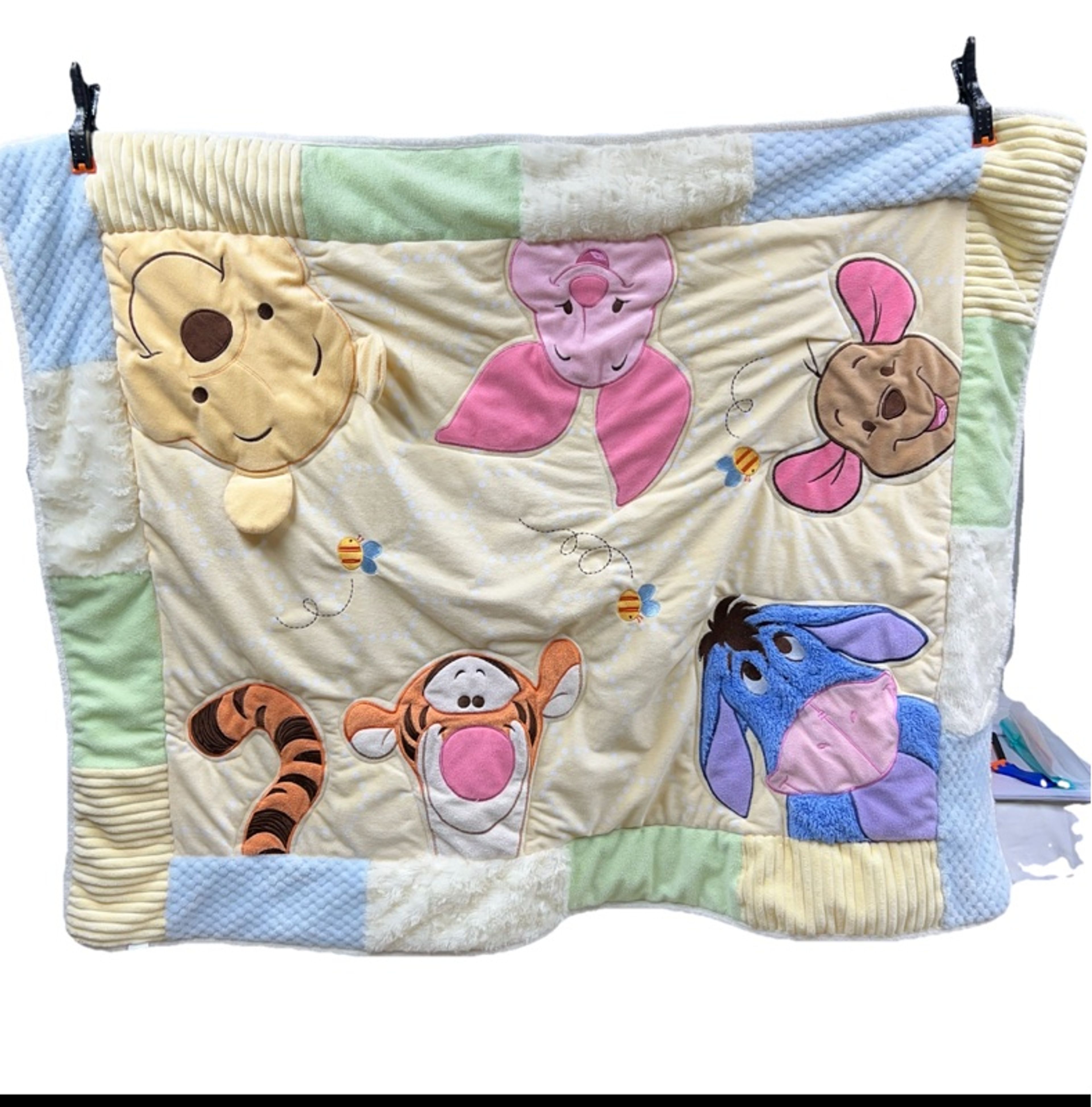 Disney Baby Winnie the Pooh Plush Patchwork Baby Blanket 45x36 Pastel Yellow