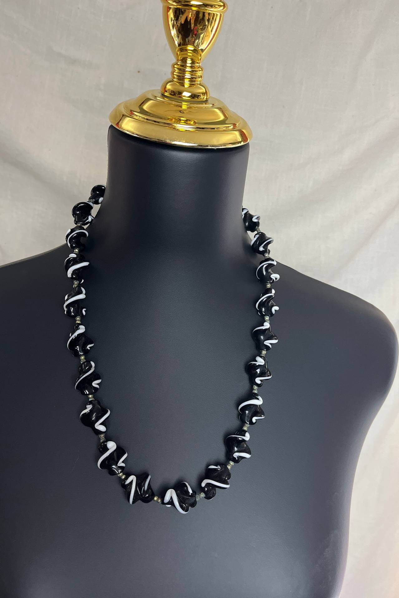 Vintage 1960s Italian Hand-Blown Black & White Swirl Glass Necklace