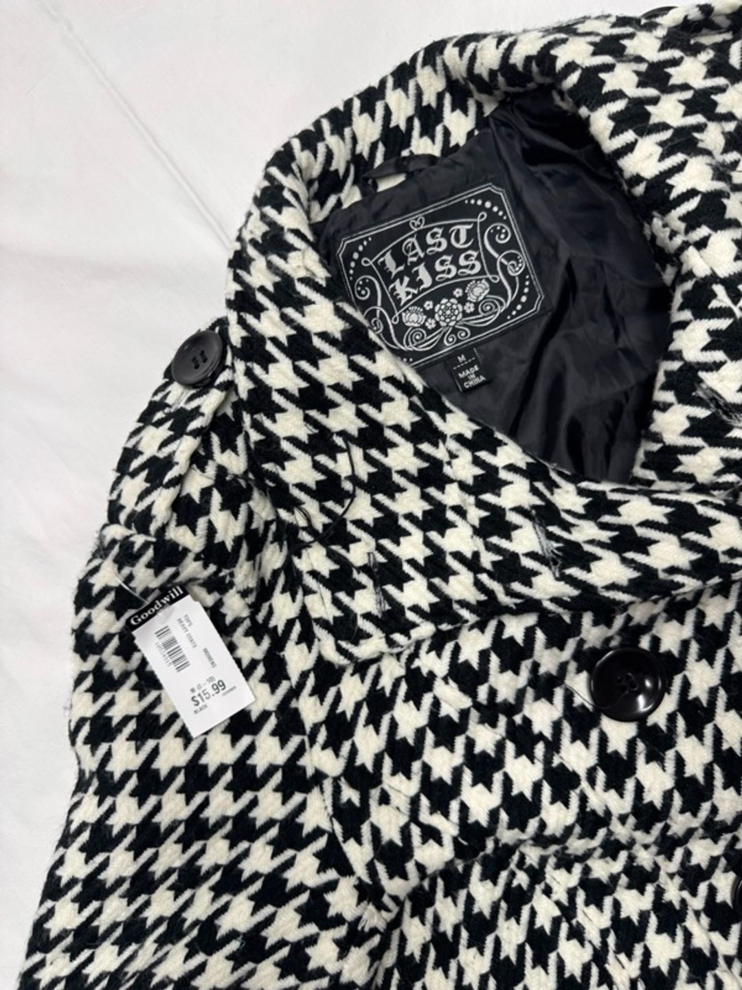 American Rag Houndstooth Double-Breasted Pea Coat Black/White