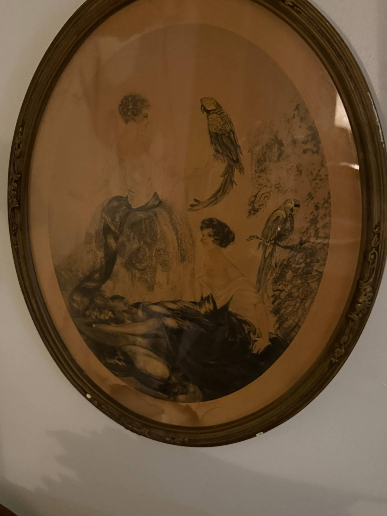 Louis Icart 'Les Perruches' Oval Print