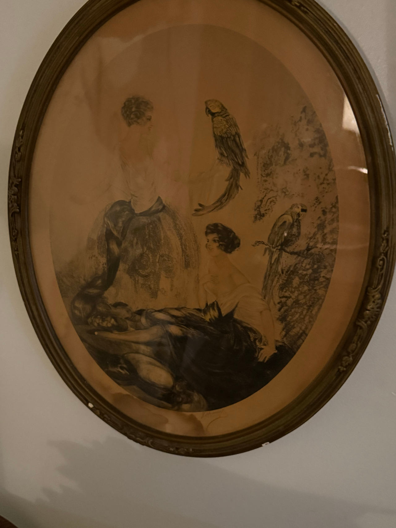 Louis Icart 'Les Perruches' Oval Print