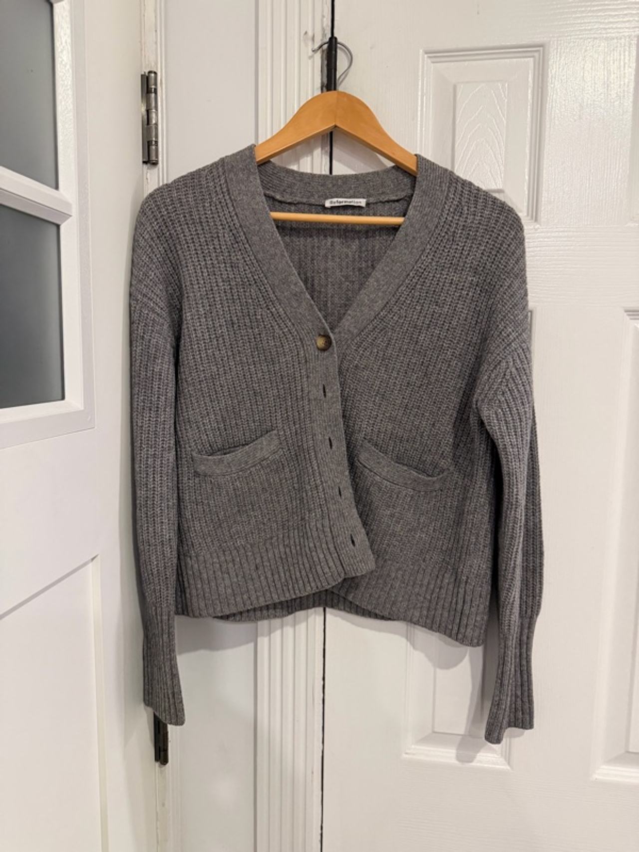 REFORMATION Double Pocket Crop Cardigan Gray Small