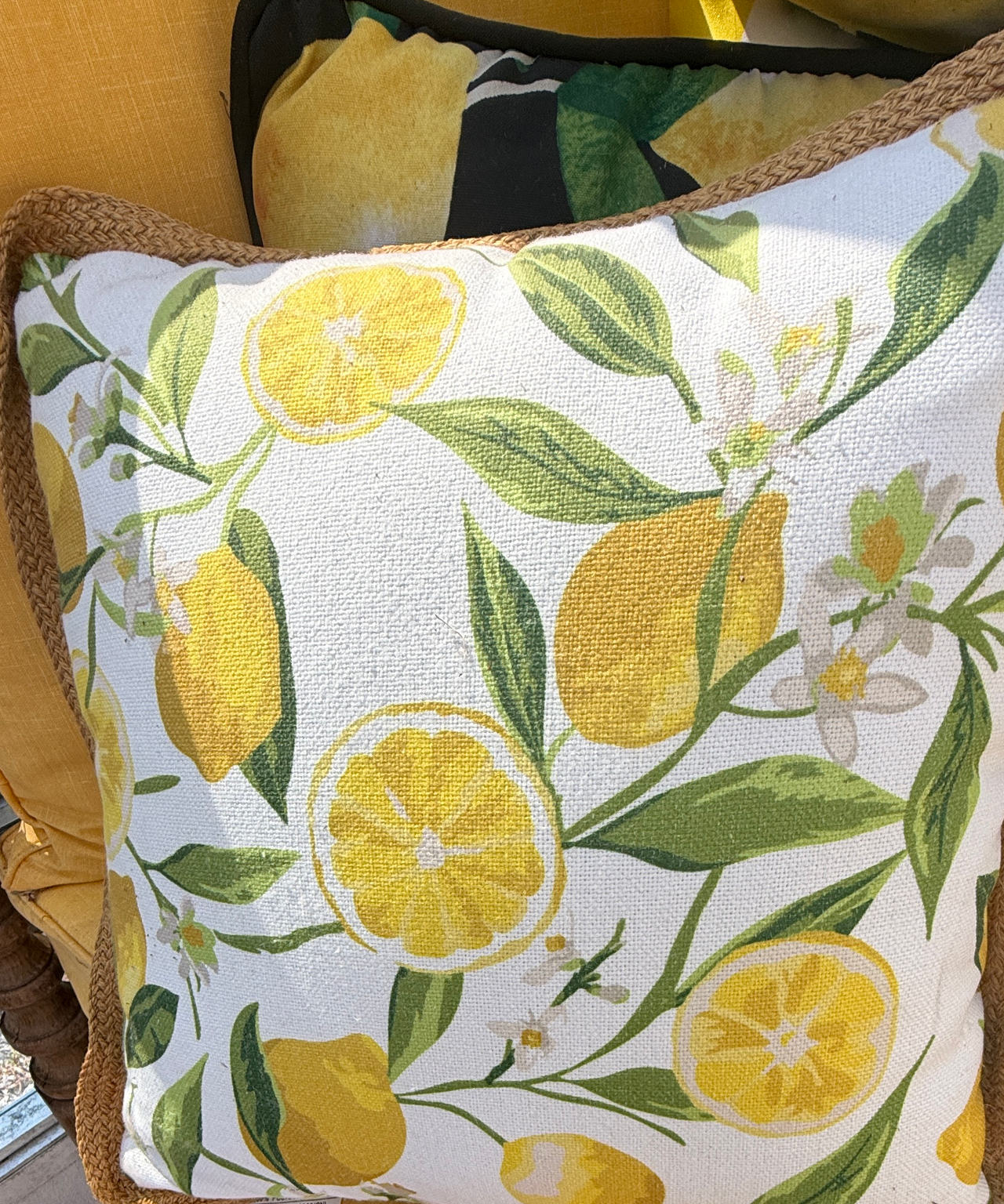 Lemon Print Decorative Throw Pillow with Jute Trim