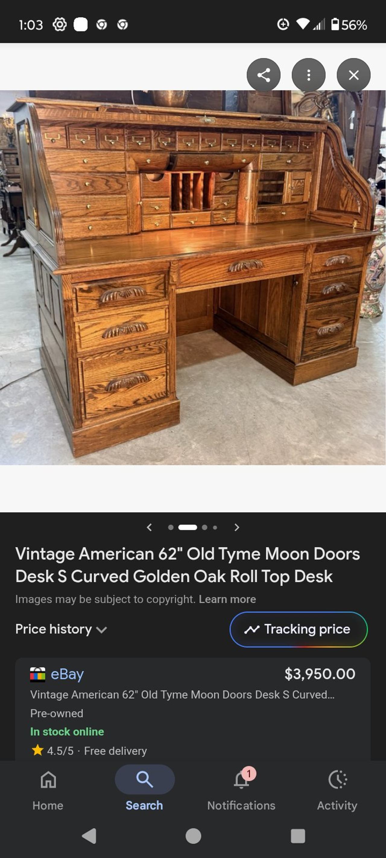 Old Tyme Moon Doors 62" Golden Oak Roll Top Desk