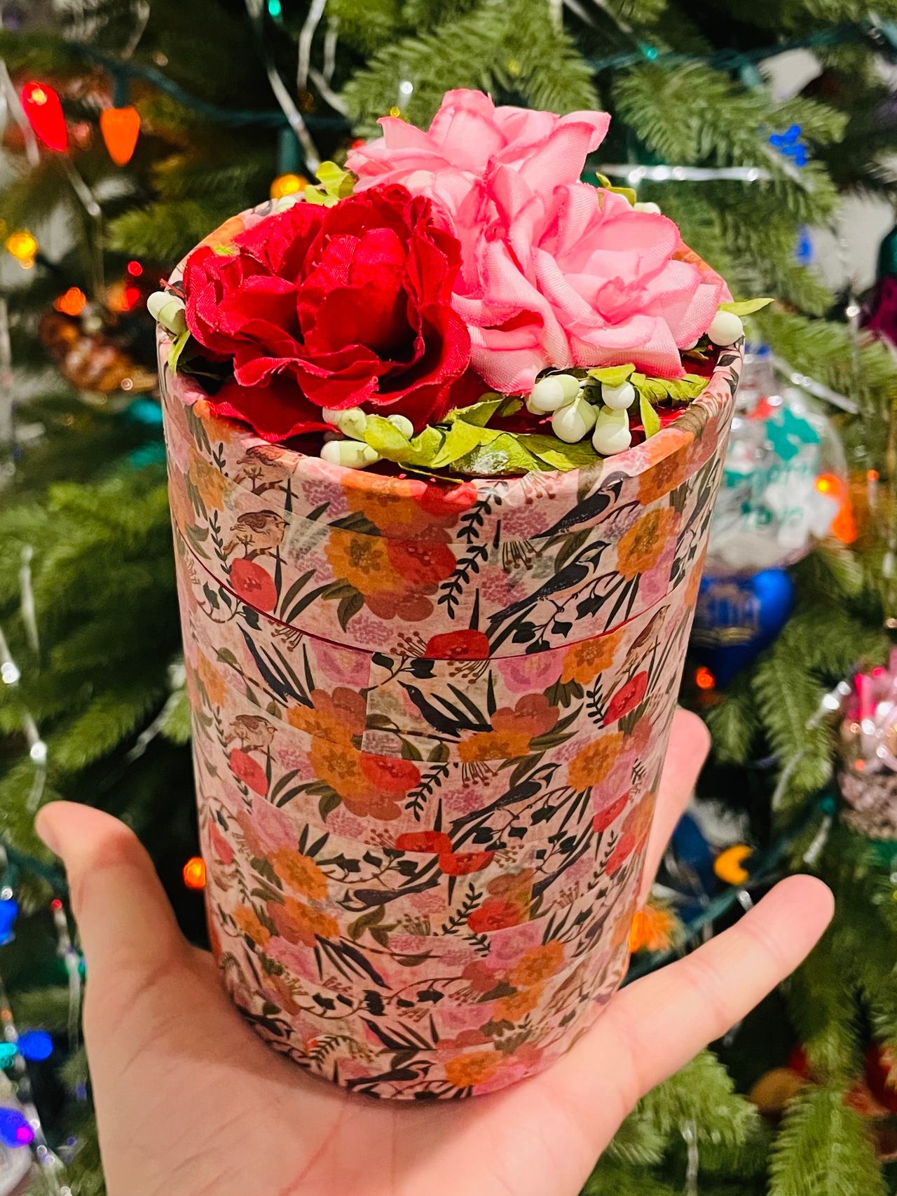 Handmade Floral Round Gift Box with Artificial Flowers