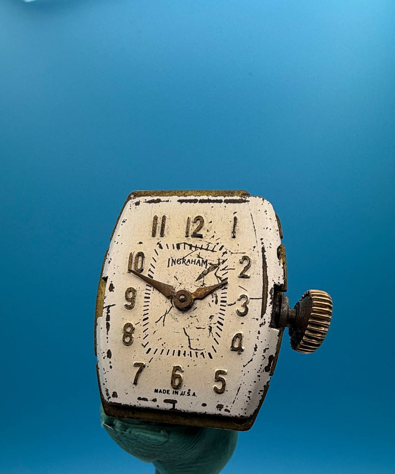 Vintage Ingraham Tonneau Watch movement with dial and crown