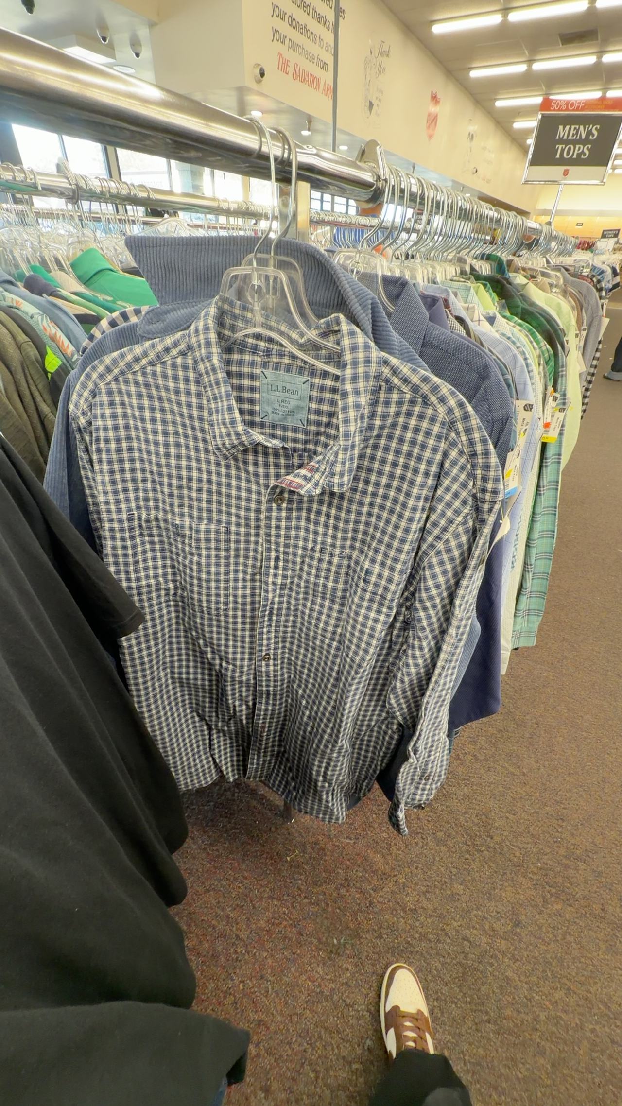 LL bean Men's White and Blue Long Sleeve Shirt