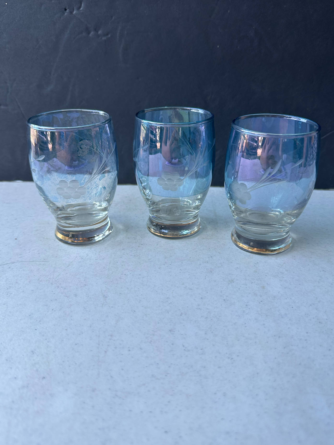 Vintage Blue Iridescent Etched Juice Glasses