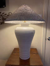 Textured Ceramic Table Lamp with Woven Shade - Image 1