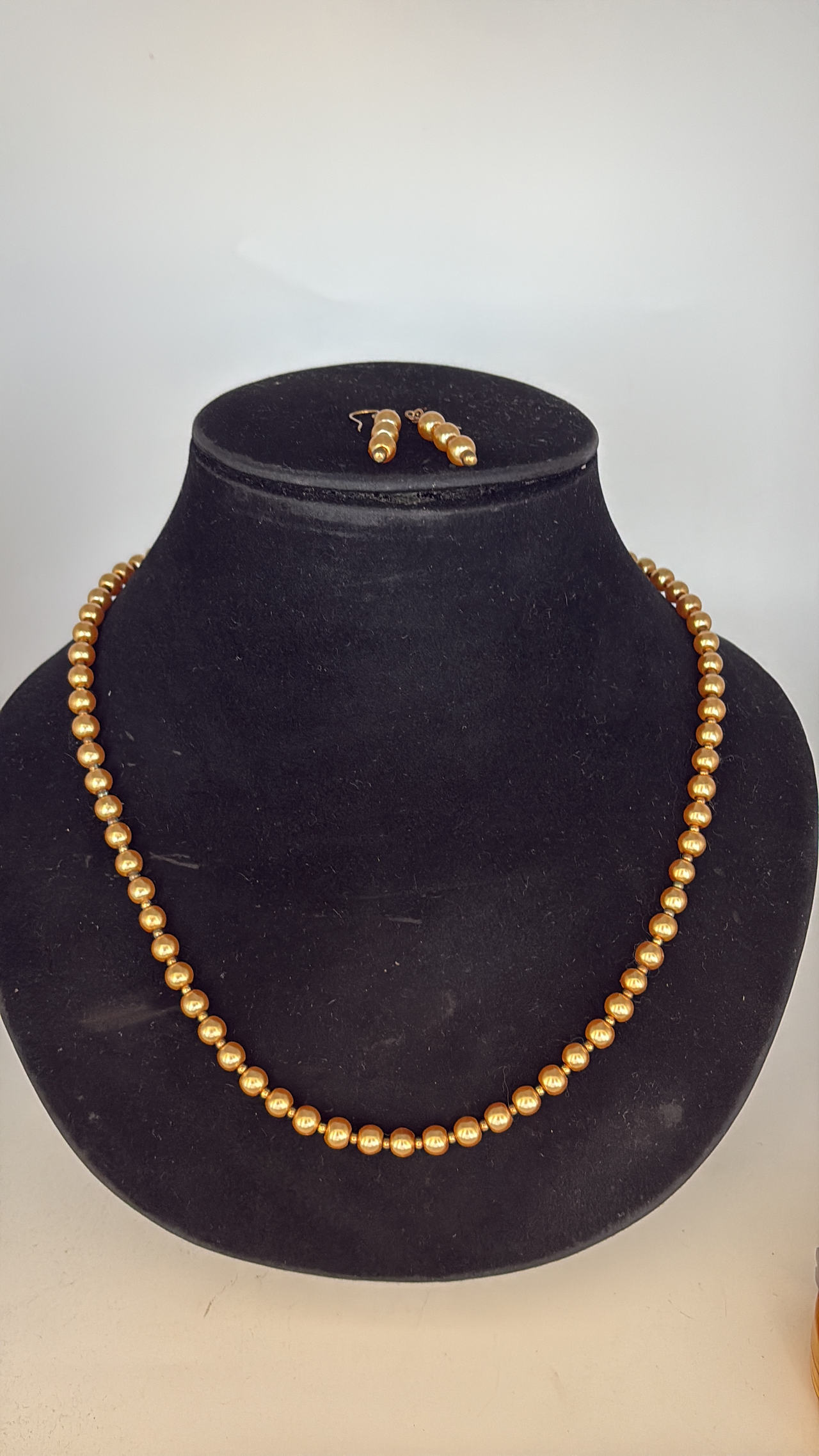Gold Tone Bronze Pearls and gold Tone Bead Necklace and Earring Set