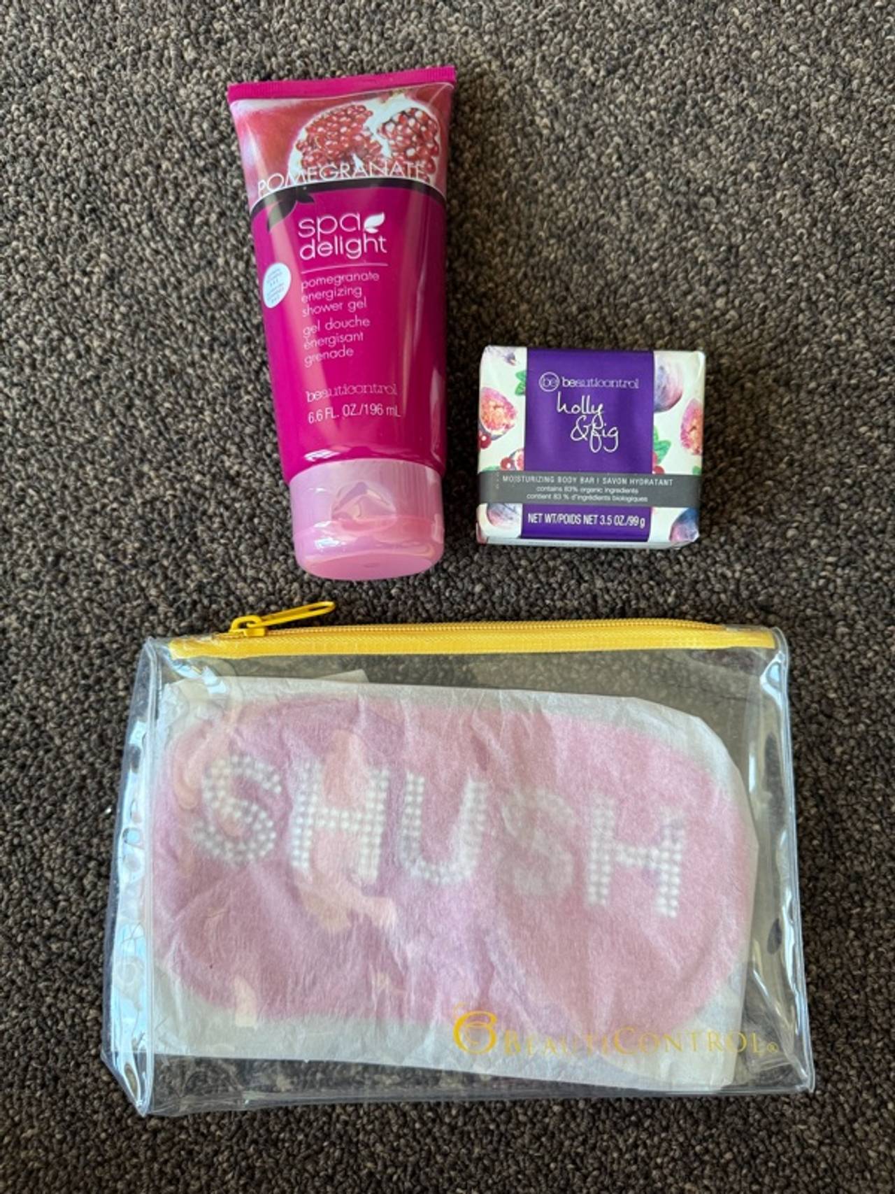 Beauticontrol lot Midnight Pomegranate Shower Gel, soap, and eye mask.