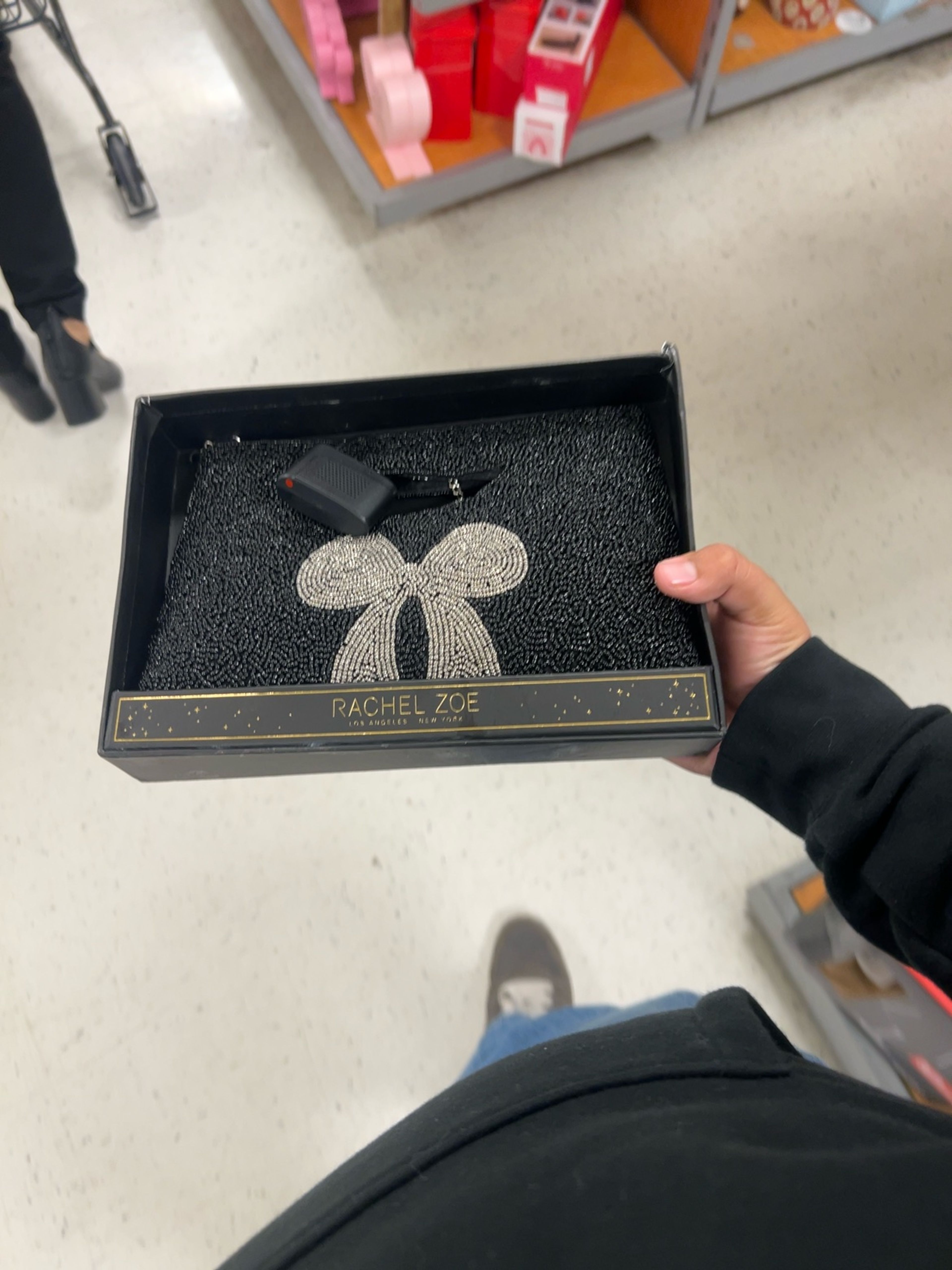 Rachel Zoe Black Beaded Bow Clutch with Silver Chain