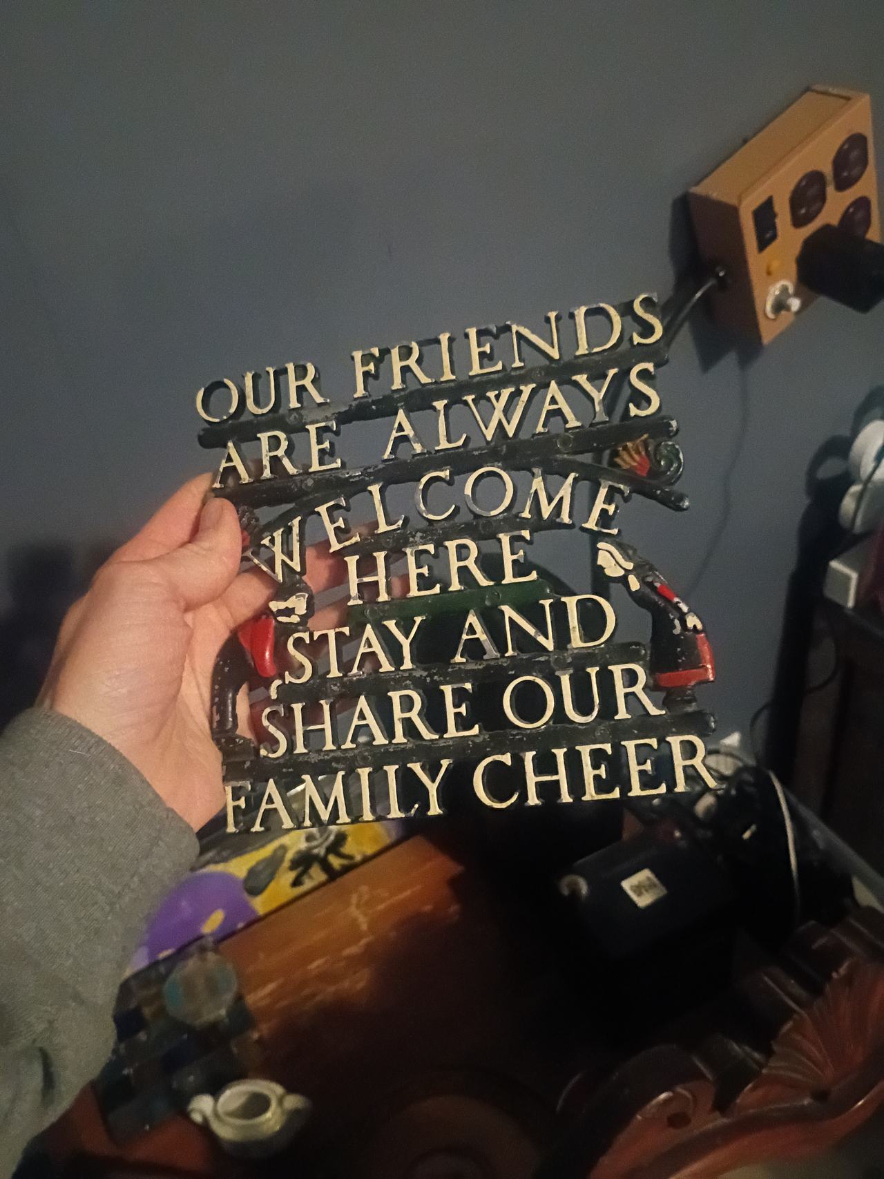 Vintage Cast Iron Welcome Family Cheer Sign