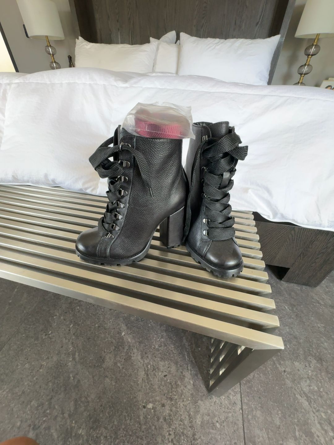 Schutz Zhara Black Leather Lace-Up Lug Sole Heeled Combat Boots