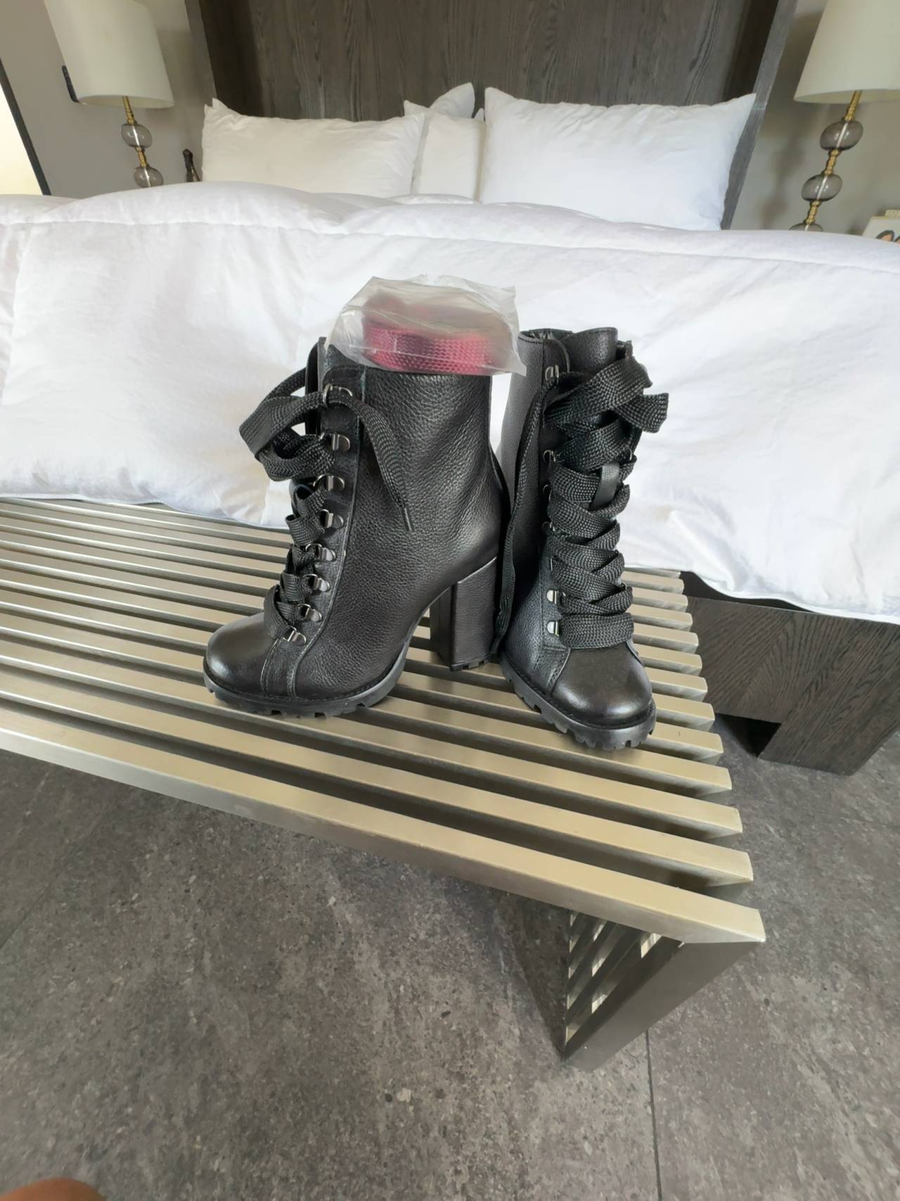 Schutz Zhara Black Leather Lace-Up Lug Sole Heeled Combat Boots