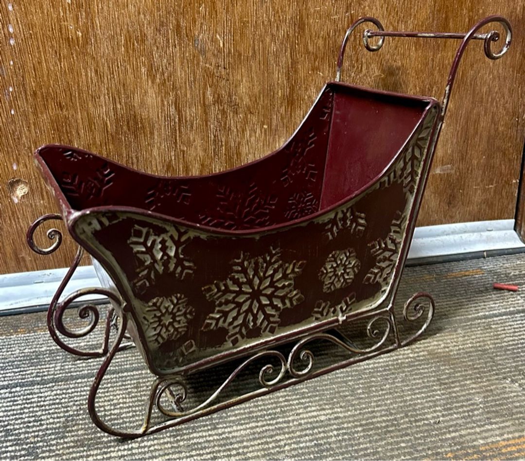 Red Metal Christmas Sleigh Plant Pot