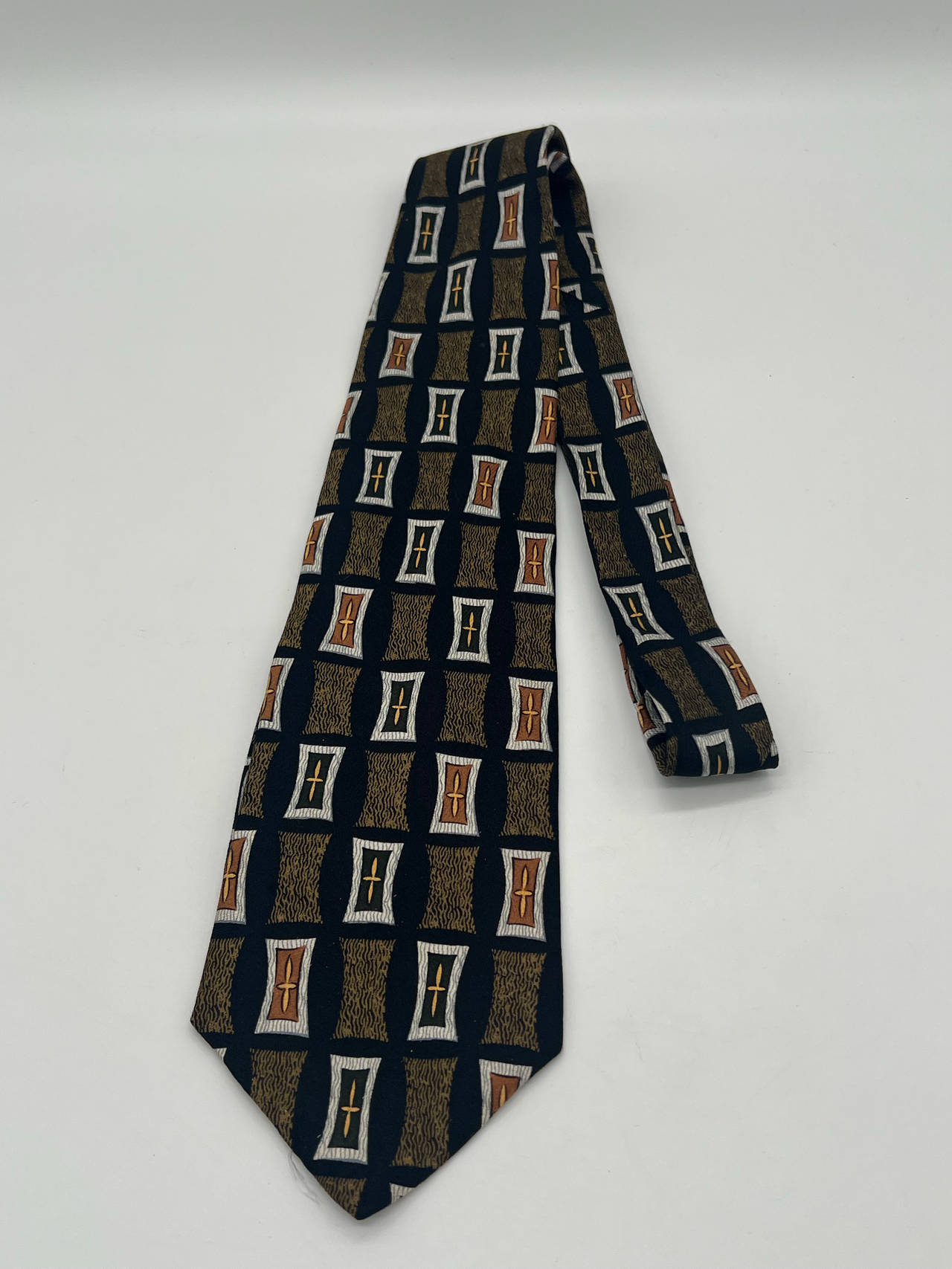 Henry Grethel Necktie Black Brown Tan Gold Geometric Silk Classic