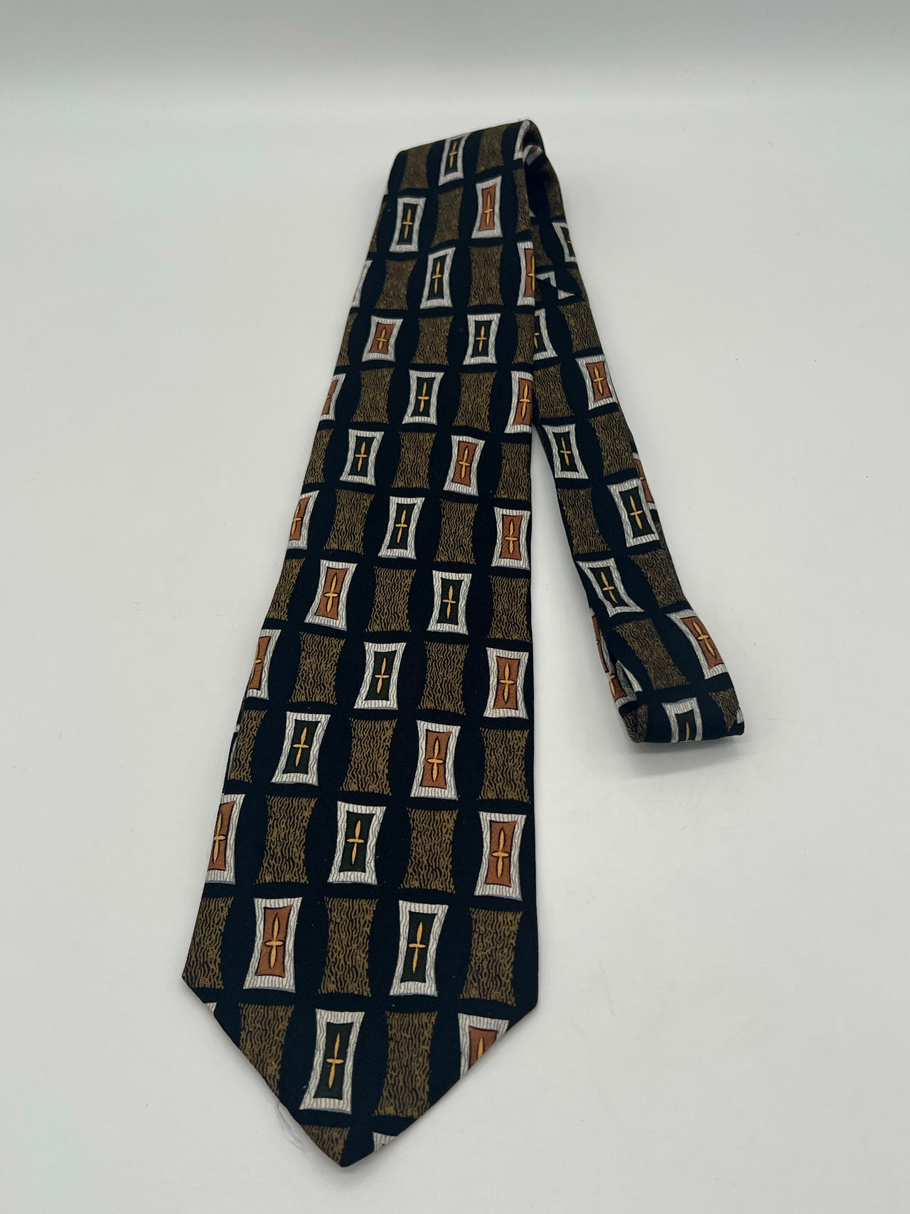 Henry Grethel Necktie Black Brown Tan Gold Geometric Silk Classic