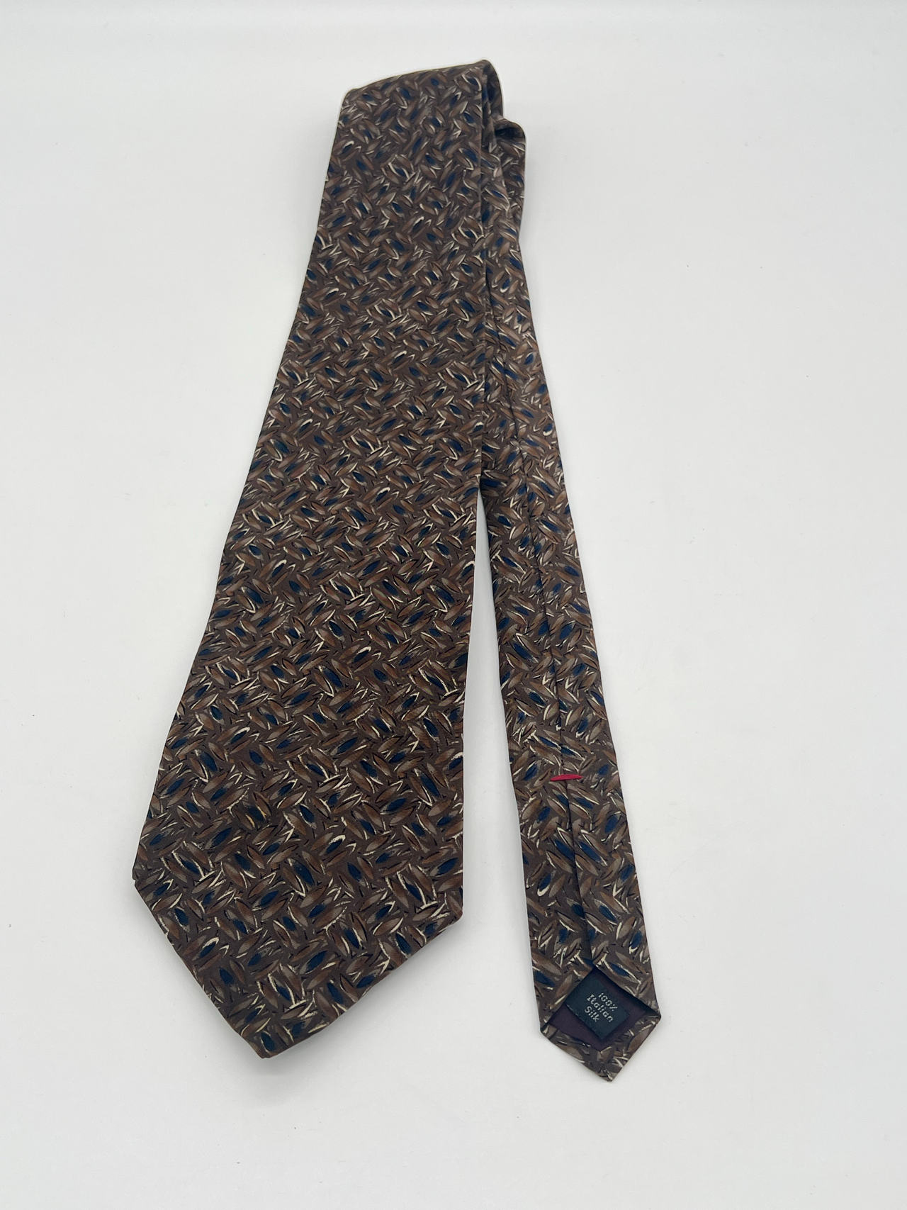 Vintage Henry Grethel Necktie Brown Taupe Blue Geometric 100% Silk 57”