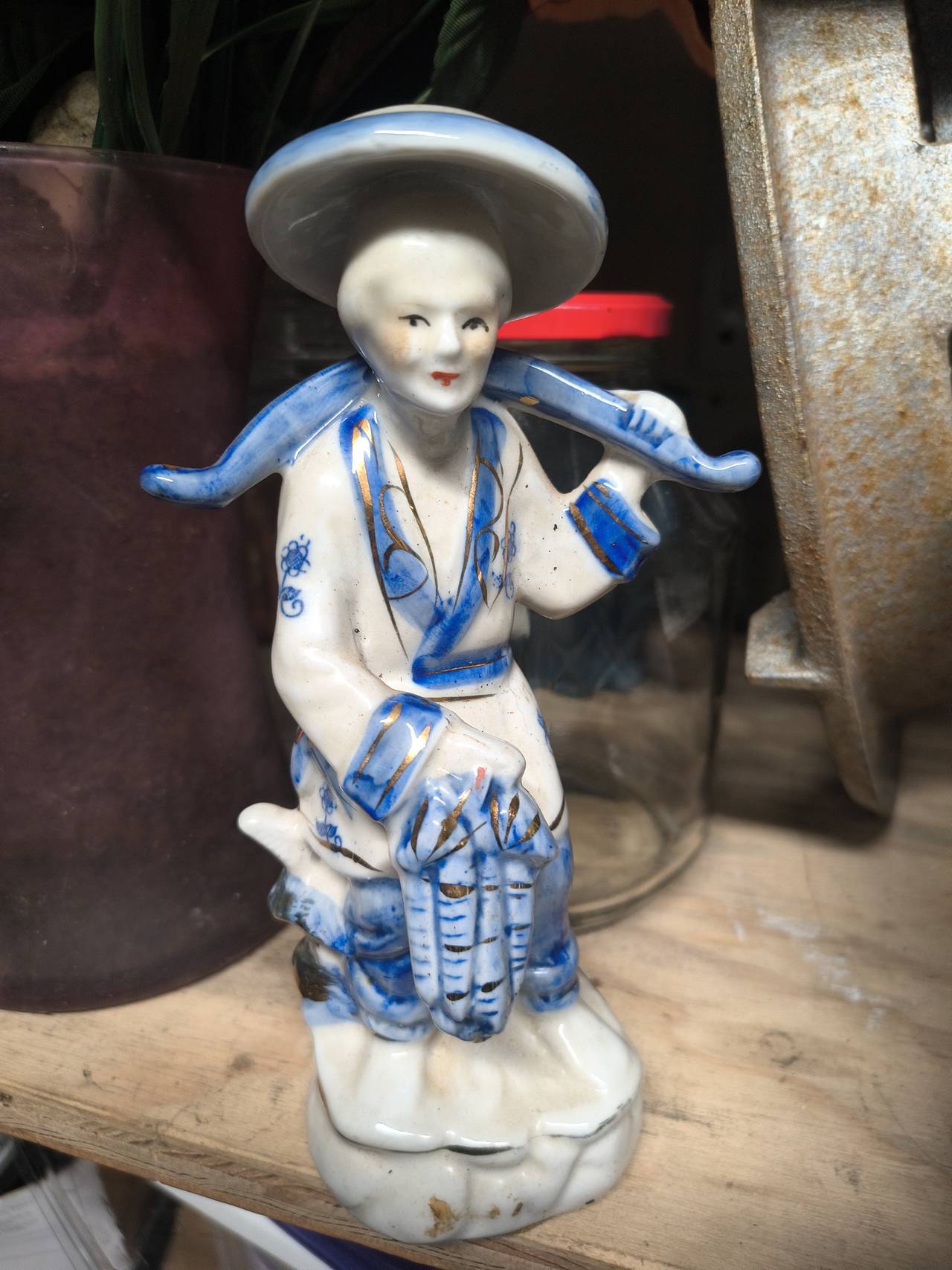 Vintage Blue and White Porcelain Chinese Fisherman Figurine