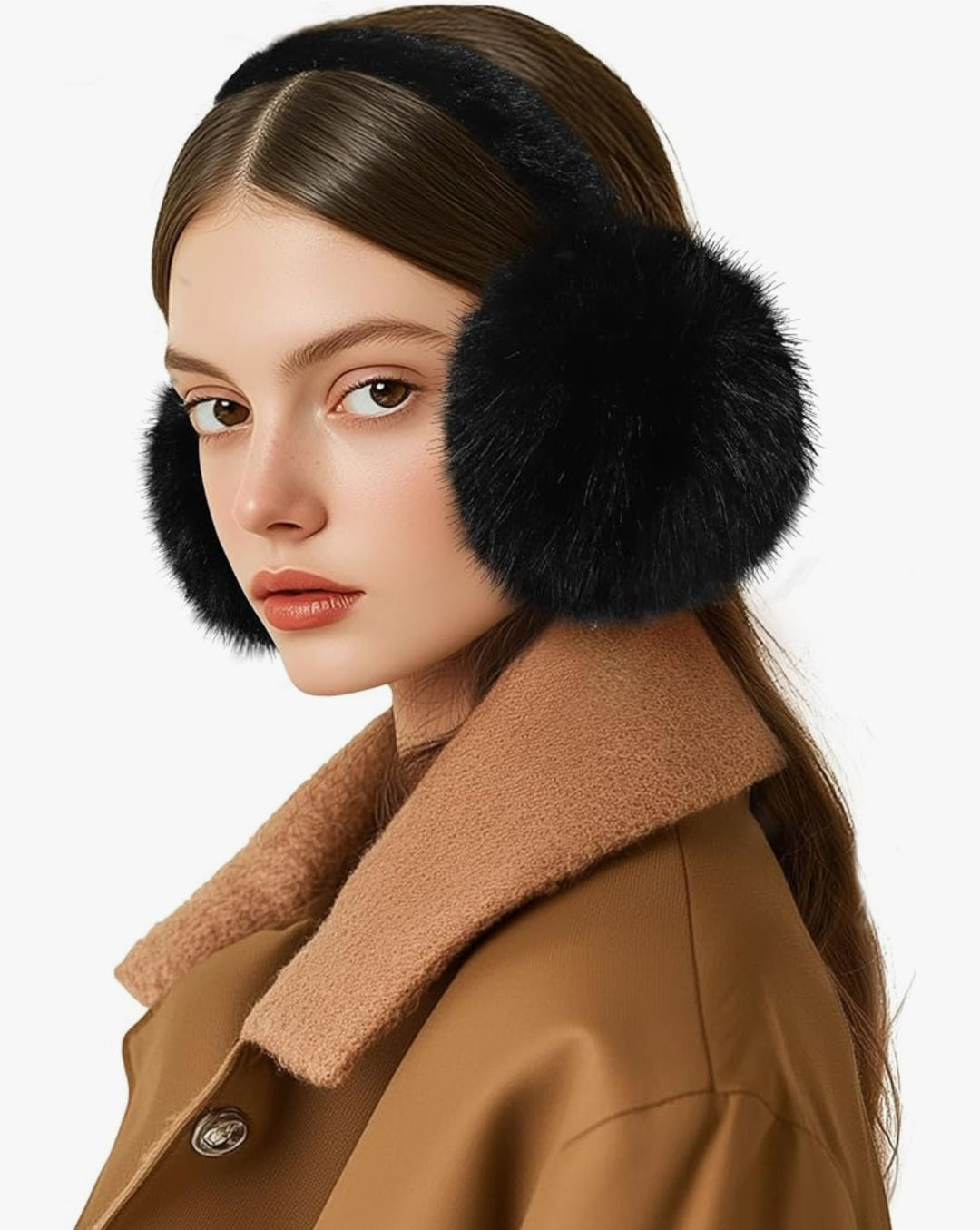 Women Winter Ear Muffs Foldable Ear Warmers Ultra Soft Fluffy Faux Fur ( Black )