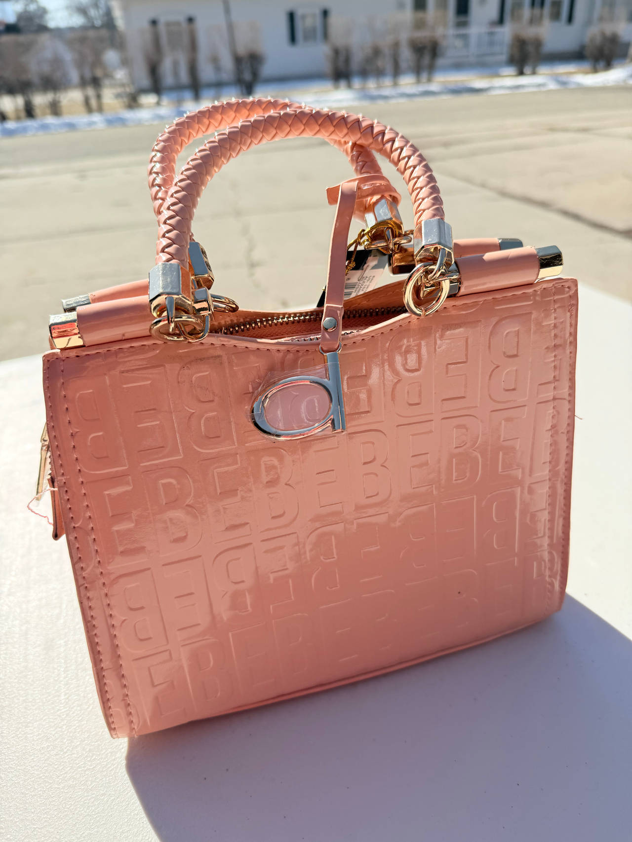 Bebe Pink Patent Embossed Logo Satchel Bag