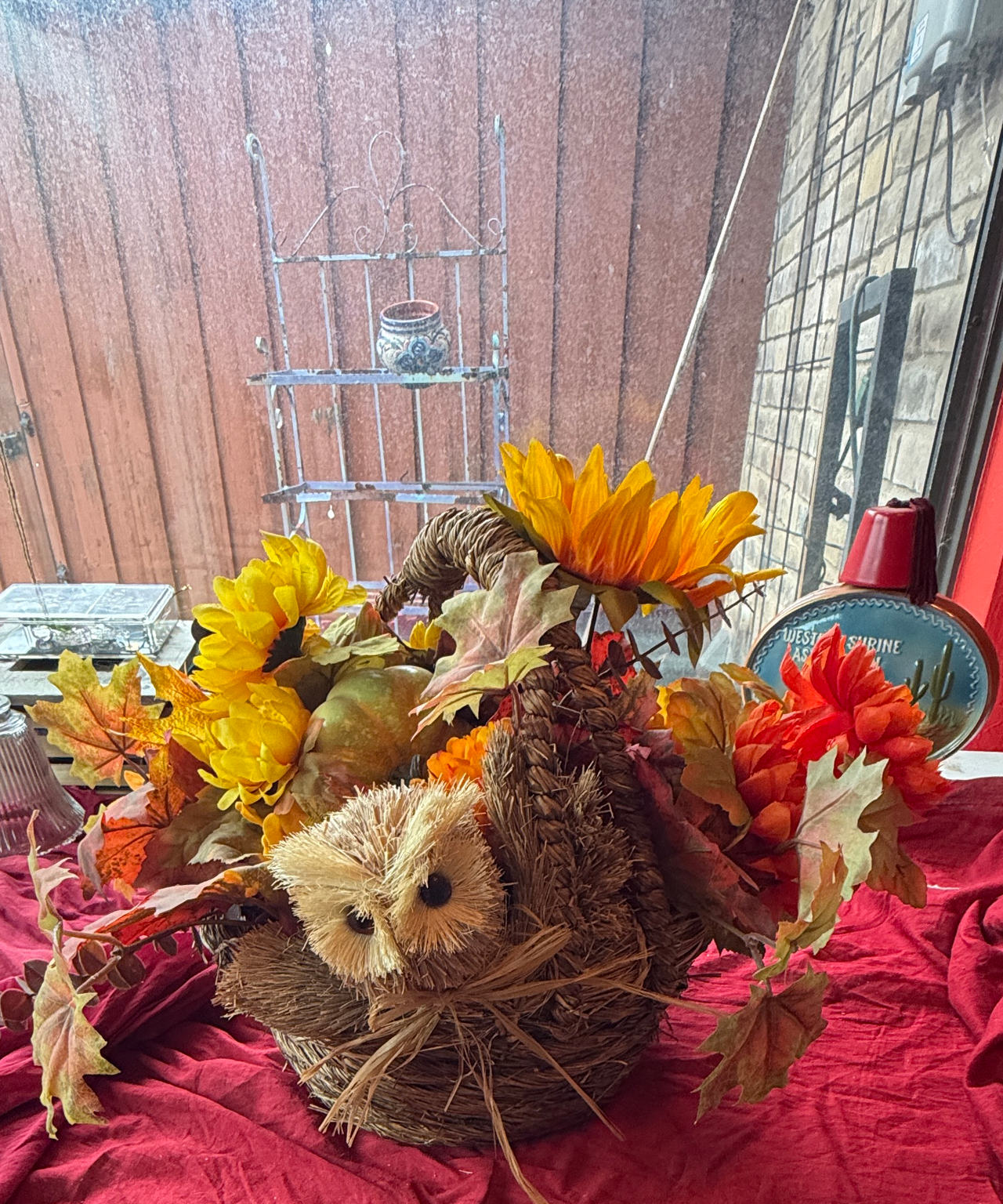 Autumn Cornucopia Basket with Straw Owl and Faux Flowers
