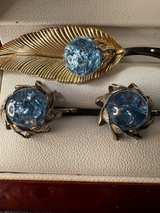 Vintage Blue Crackle Glass Leaf Brooch and Earring Set - Image 2