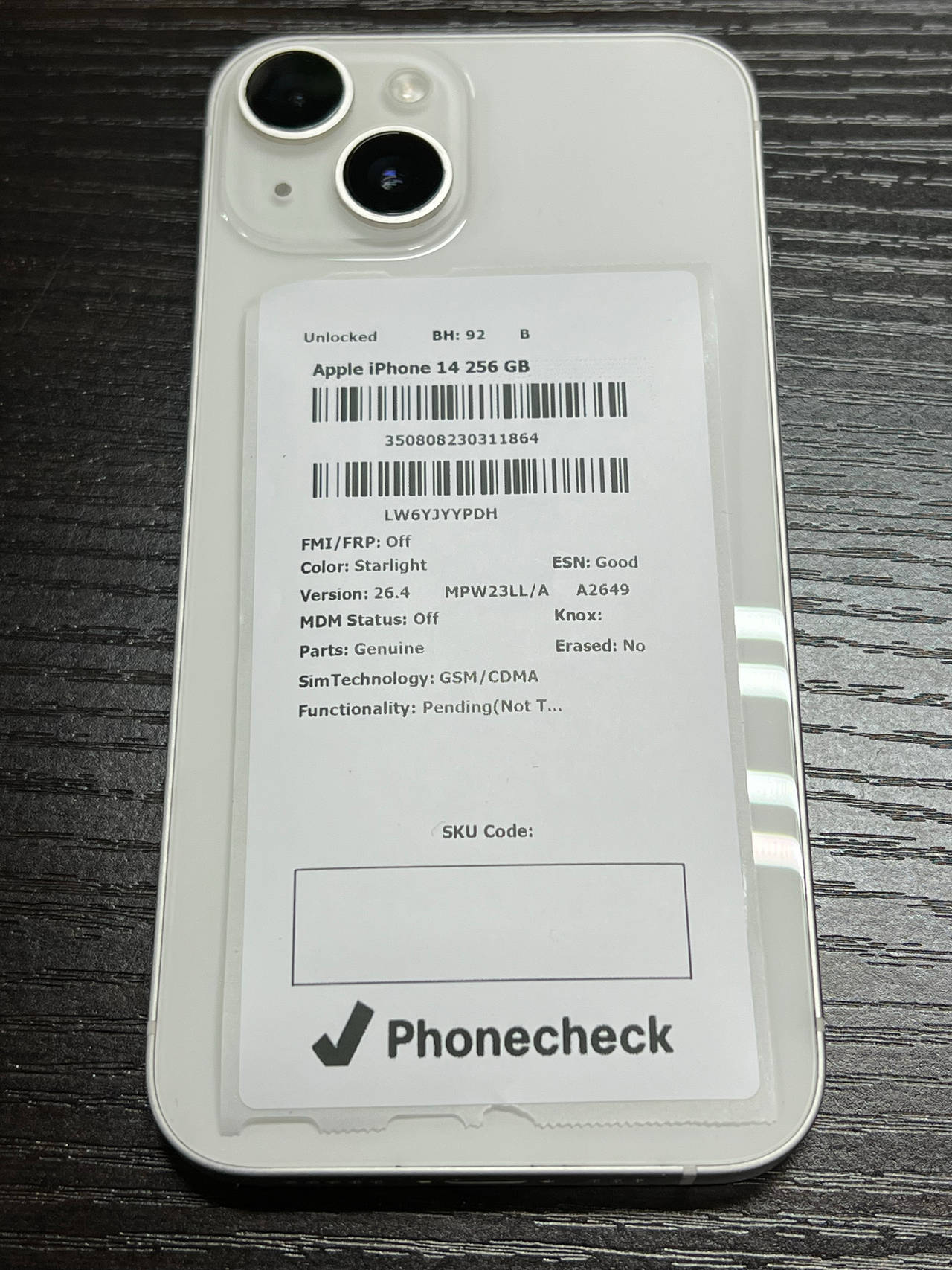 Apple iPhone 14 256GB Starlight Unlocked BH 92% B