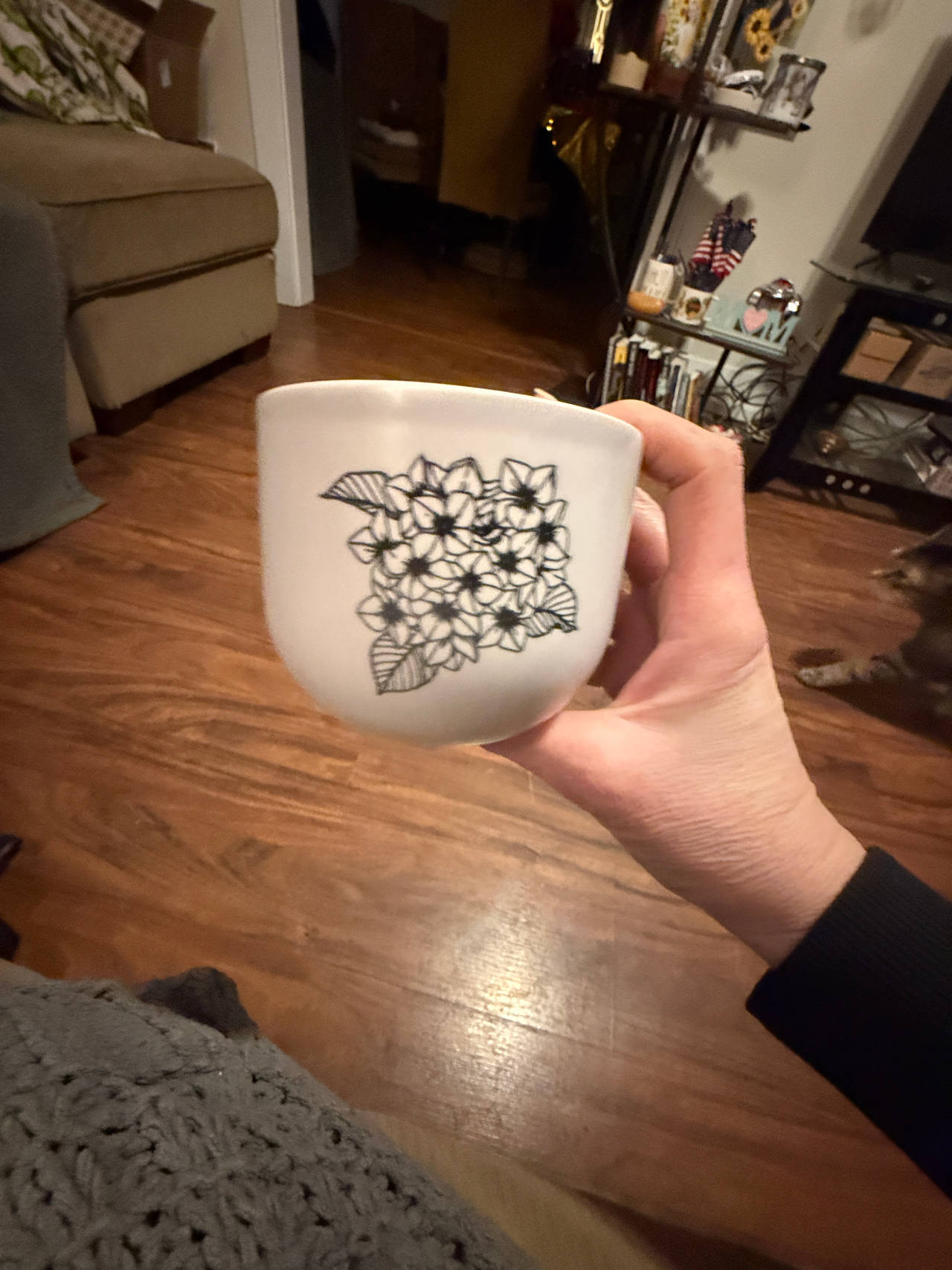 White Ceramic flower pot with Black Floral Design