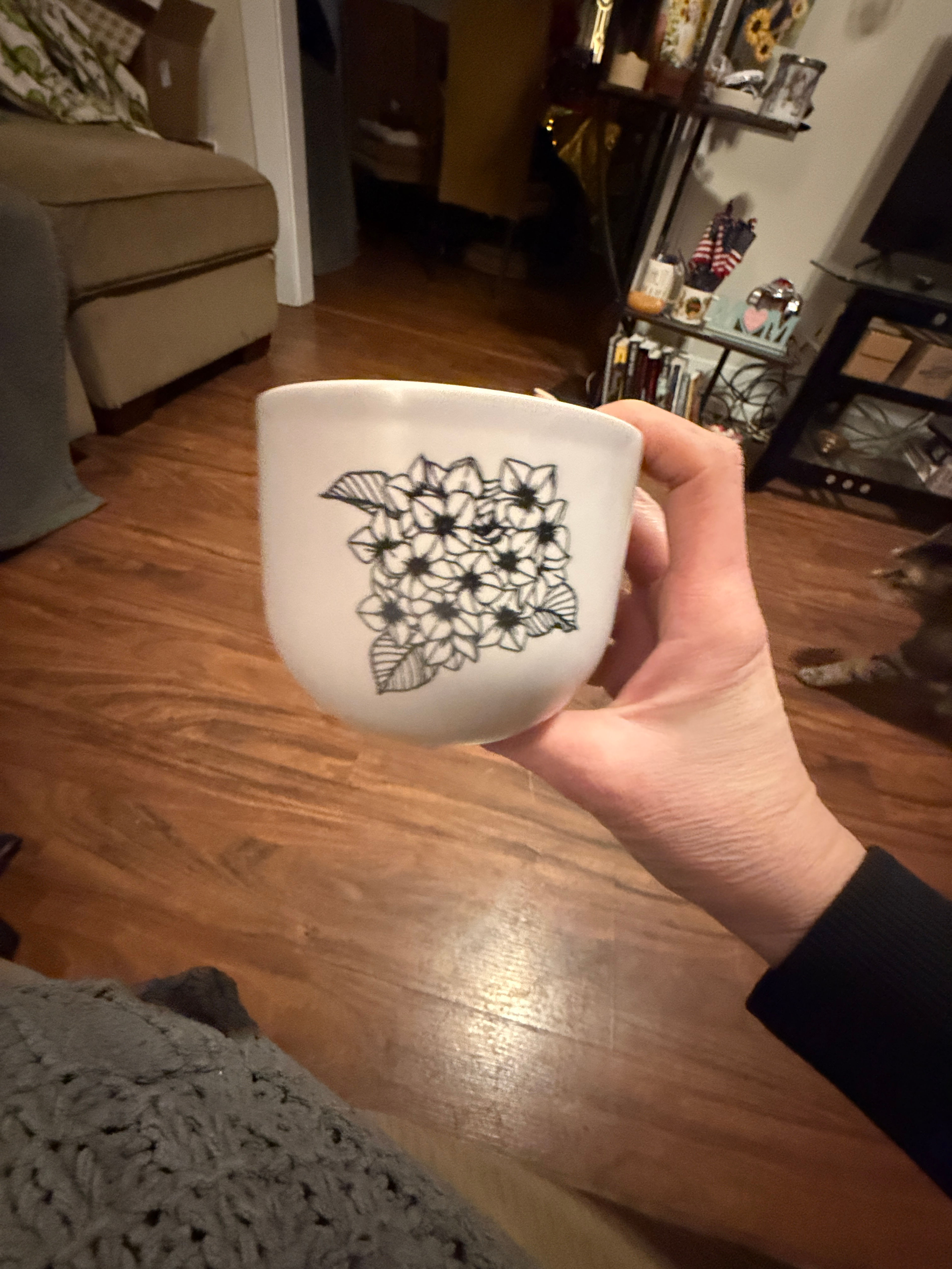 White Ceramic flower pot with Black Floral Design