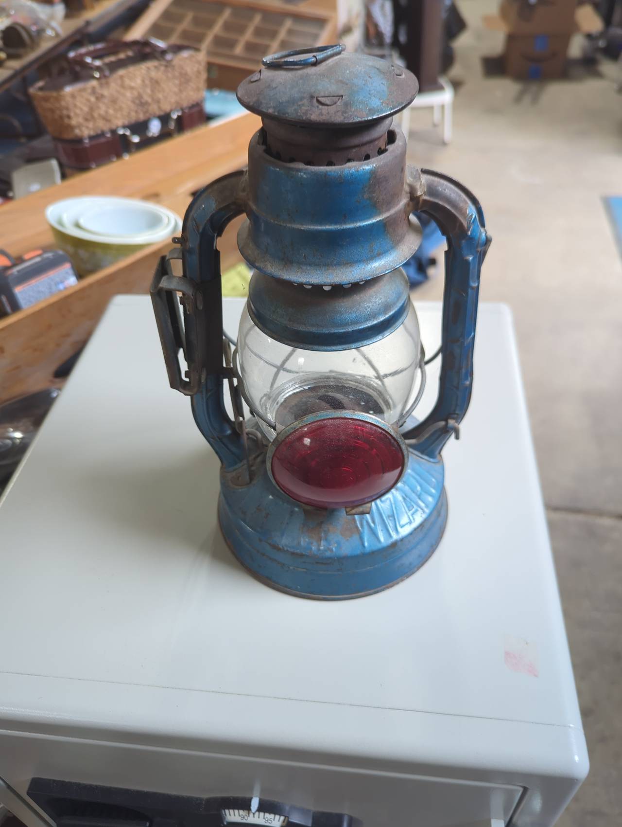 Vintage Wizard Blue Kerosene Lantern with Red Jewel