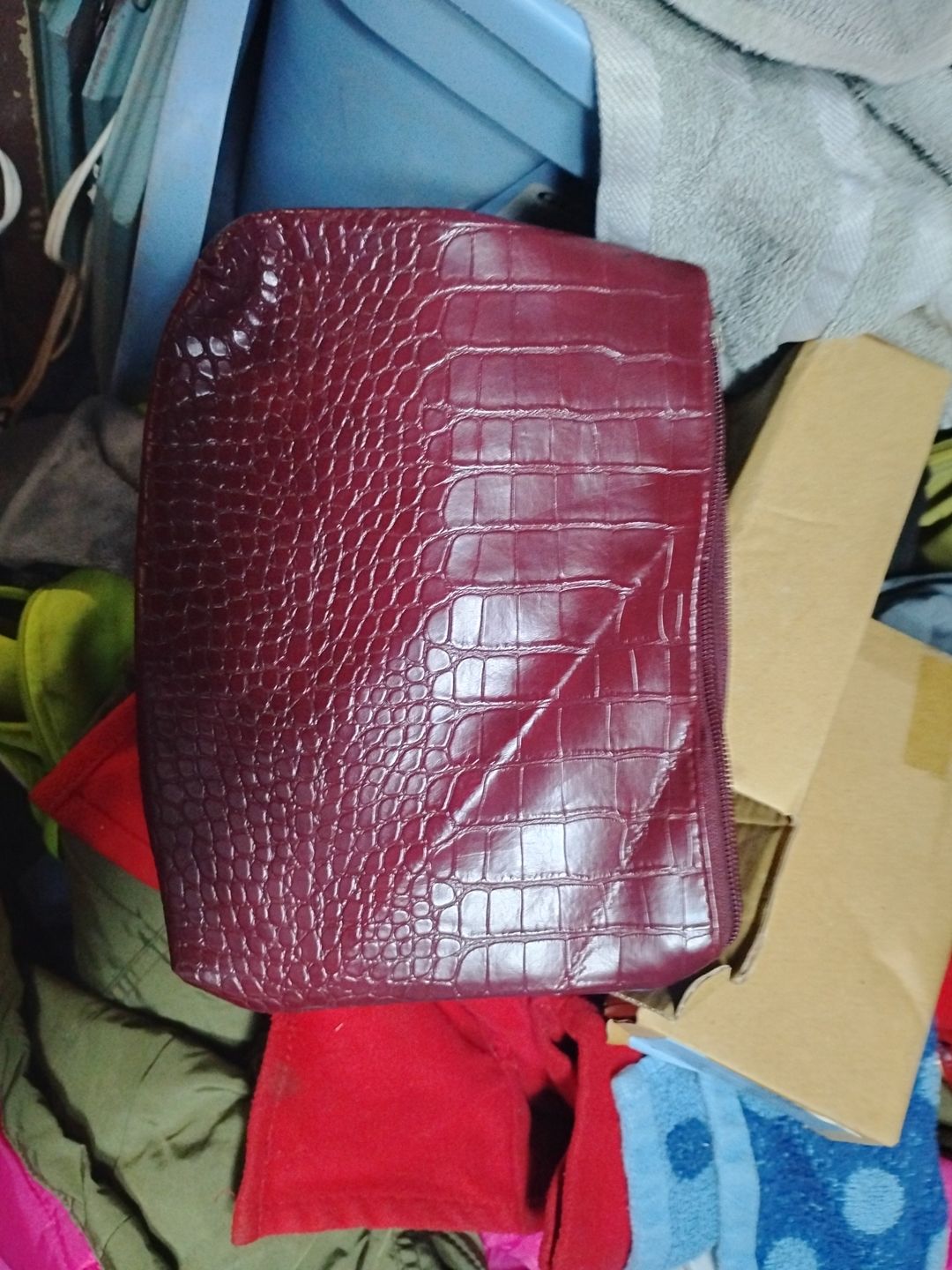 Burgundy Faux Crocodile Embossed Cosmetic Bag