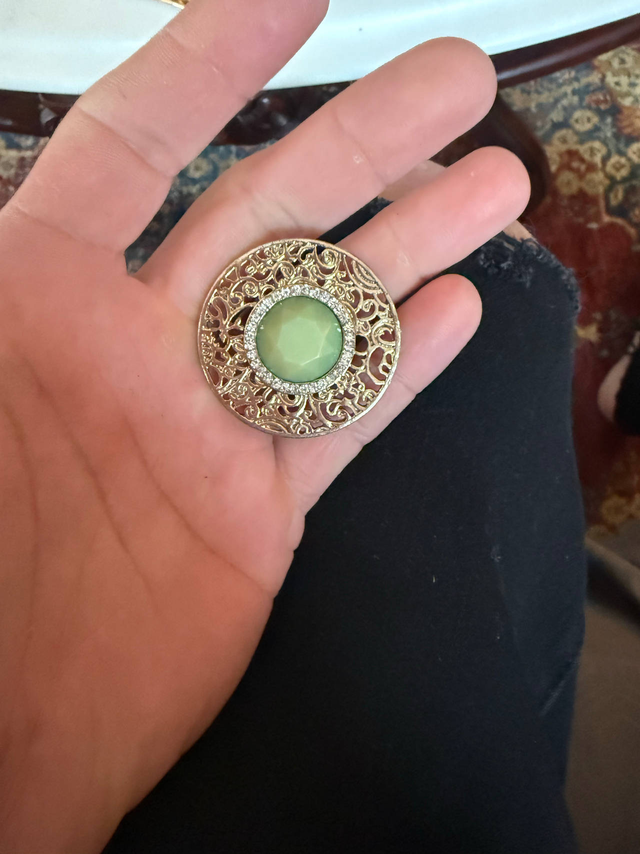 Vintage Filigree Brooch with Green Stone