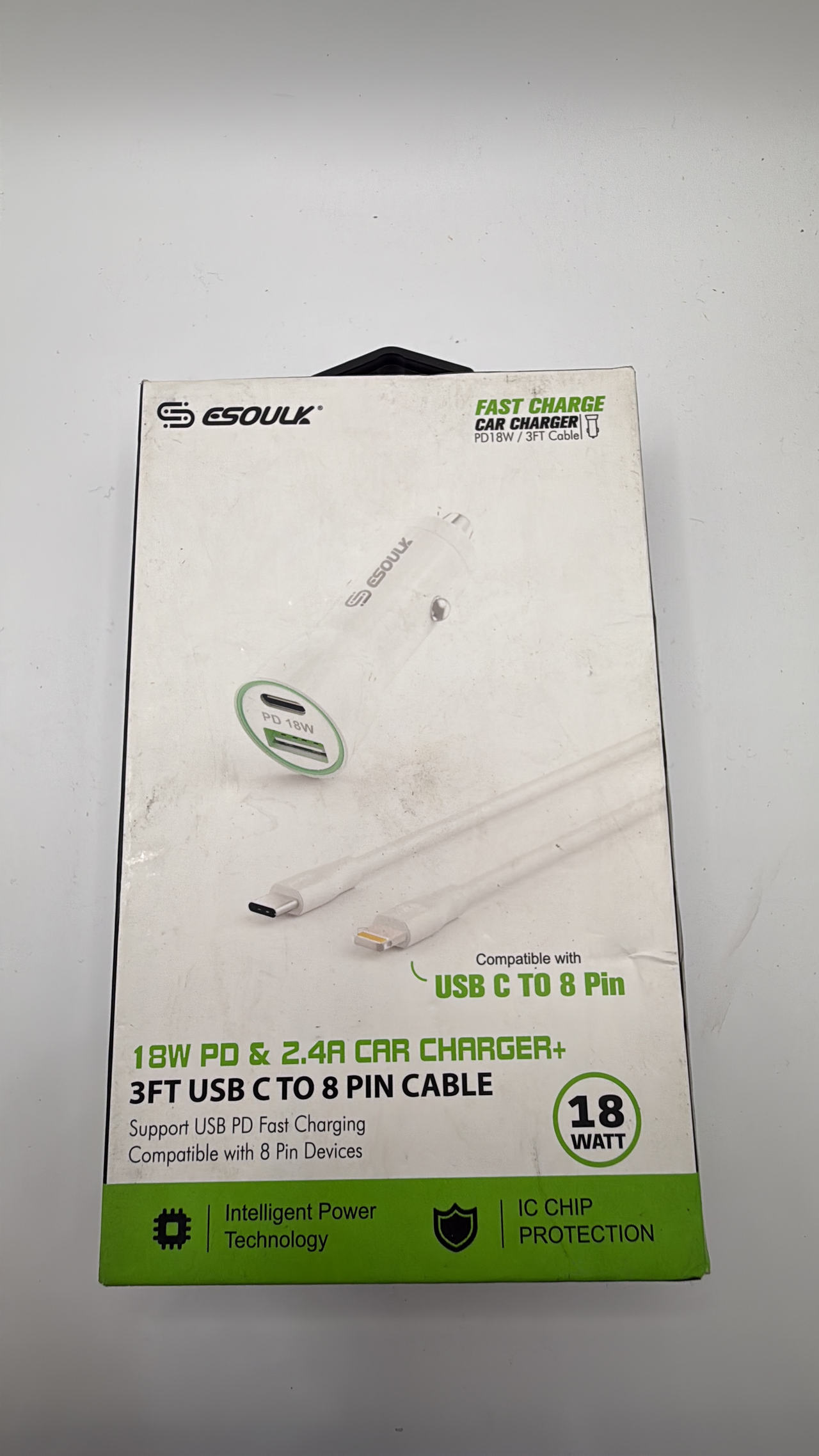 ESOULK 18W PD & 2.4A Car Charger + 3ft USB C to 8 Pin Cable