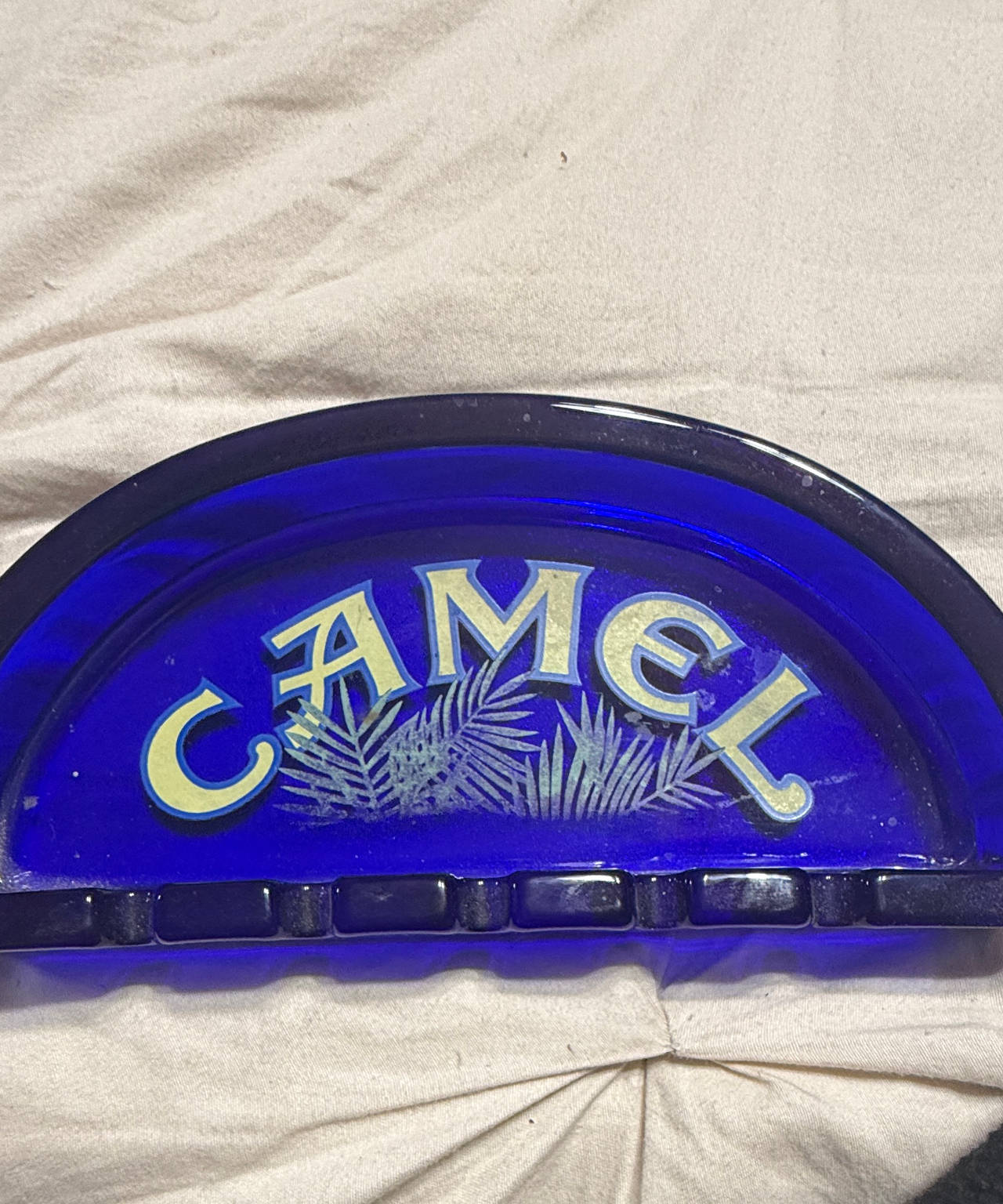 Vintage Camel Cobalt Blue Glass Half-Moon Ashtray