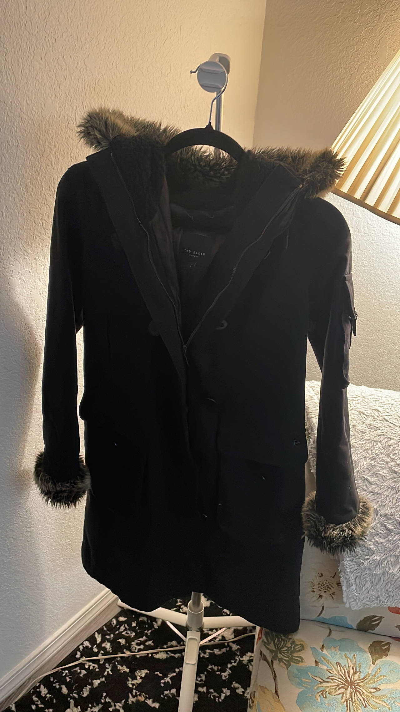 Ted Baker Black Faux Fur Trim Parka Jacket size 1