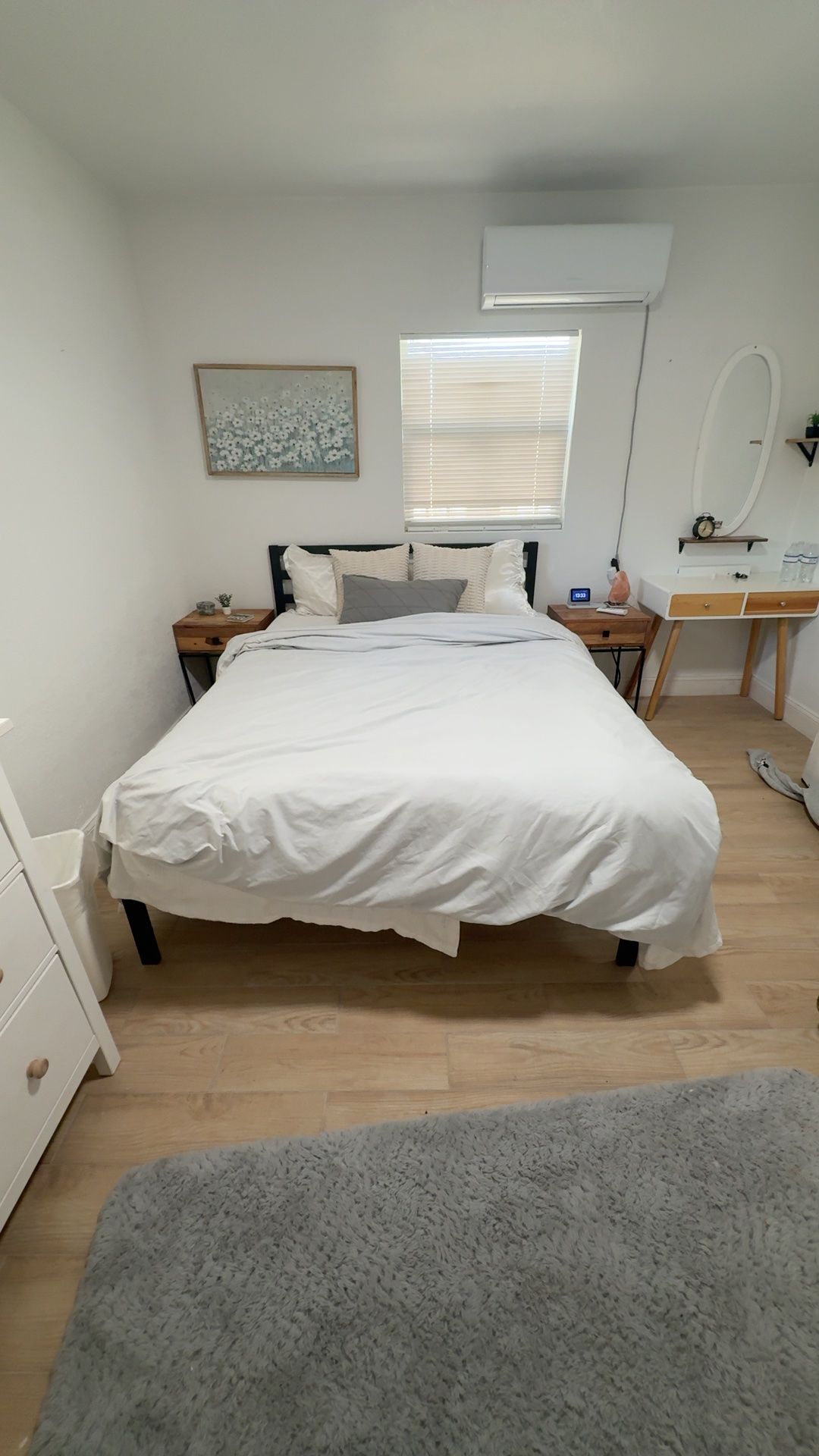 Black Metal Queen Bed Frame with mattress and 