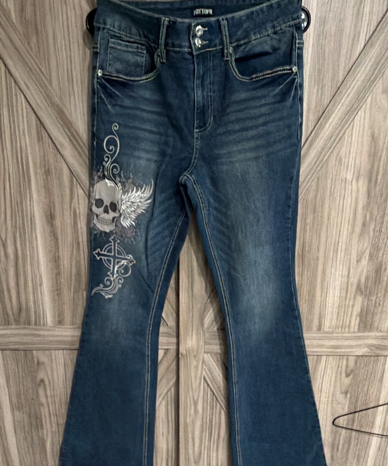 Hot Topic Skull and Cross Flare Jeans Size 11 Goth wide leg