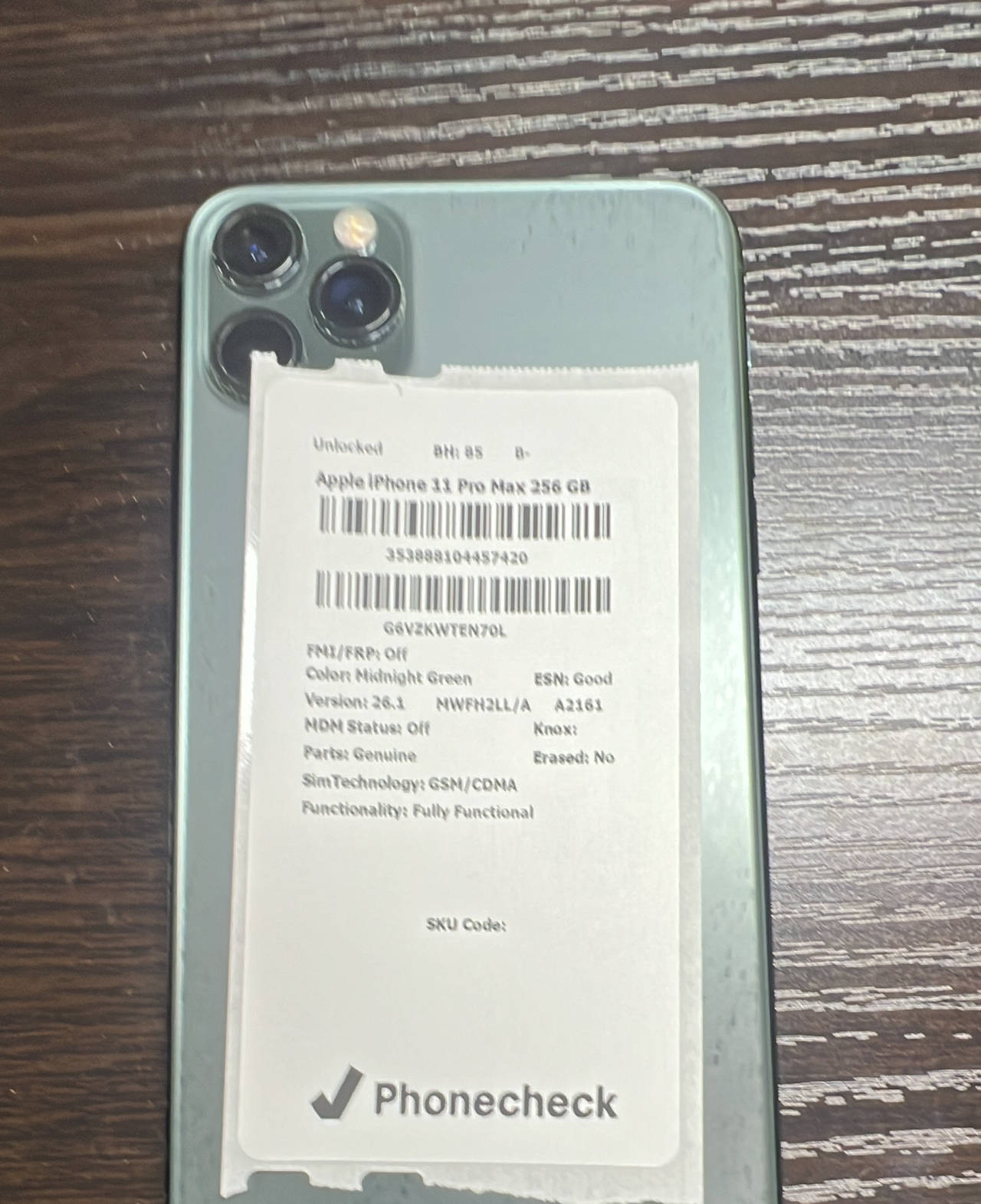 Apple iPhone 11 Pro Max 256GB Midnight Green Unlocked BH 85%