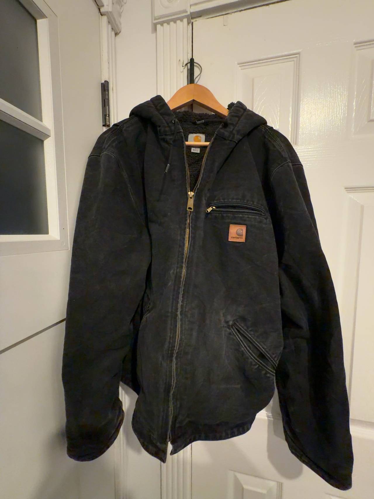 Large Carhartt J141 Sherpa Lined Hooded Detroit Jacket Black Coat 