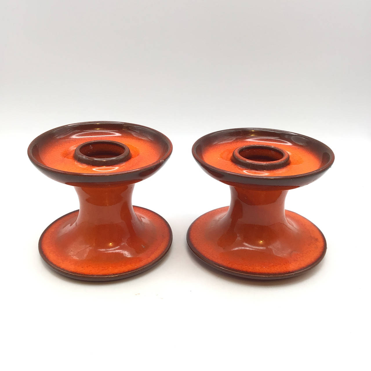 Mid-Century Modern Ceramic Candle Holders MCM Orange Glaze
