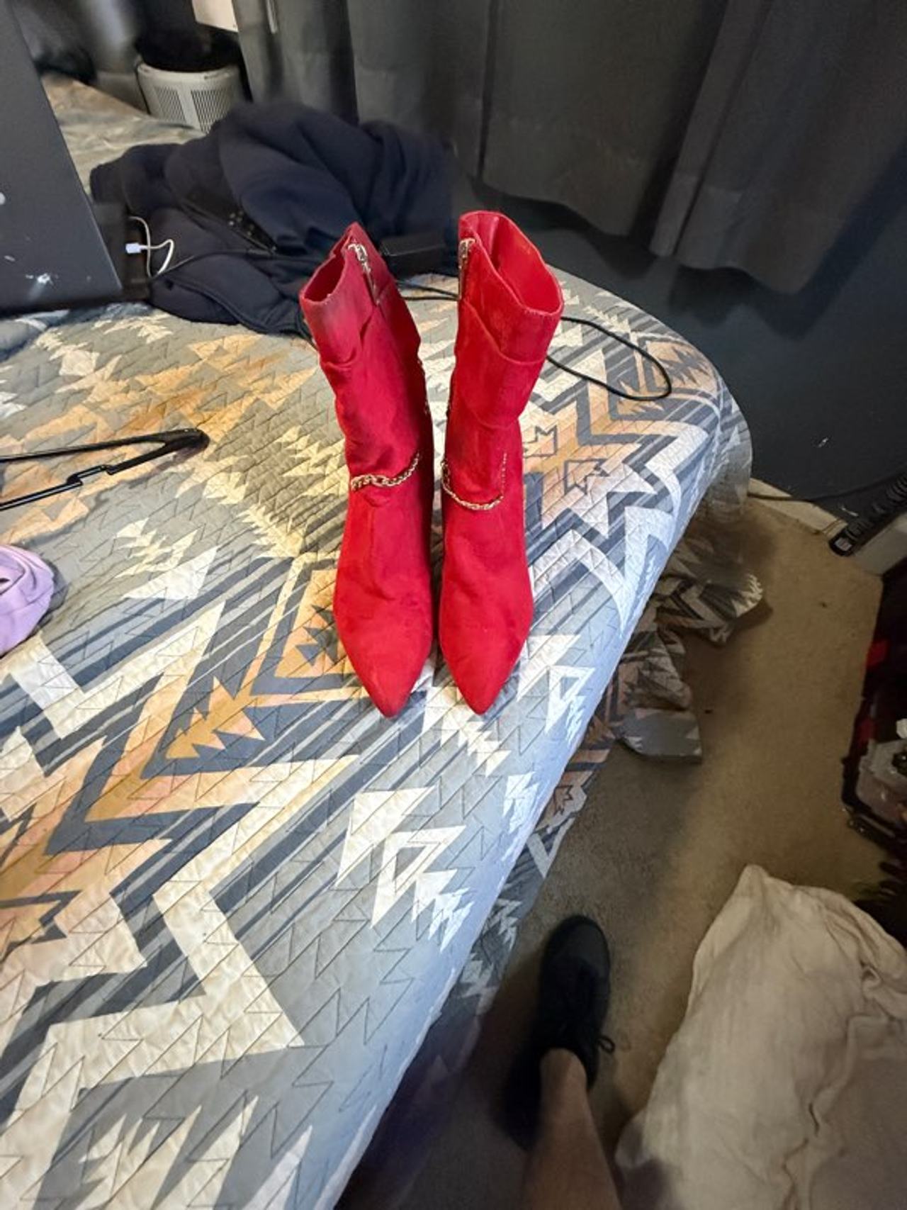 Red Suede Pointed Toe Boots with Gold Chain
