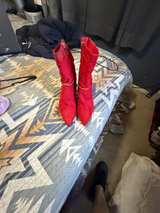 Red Suede Pointed Toe Boots with Gold Chain - Image 1