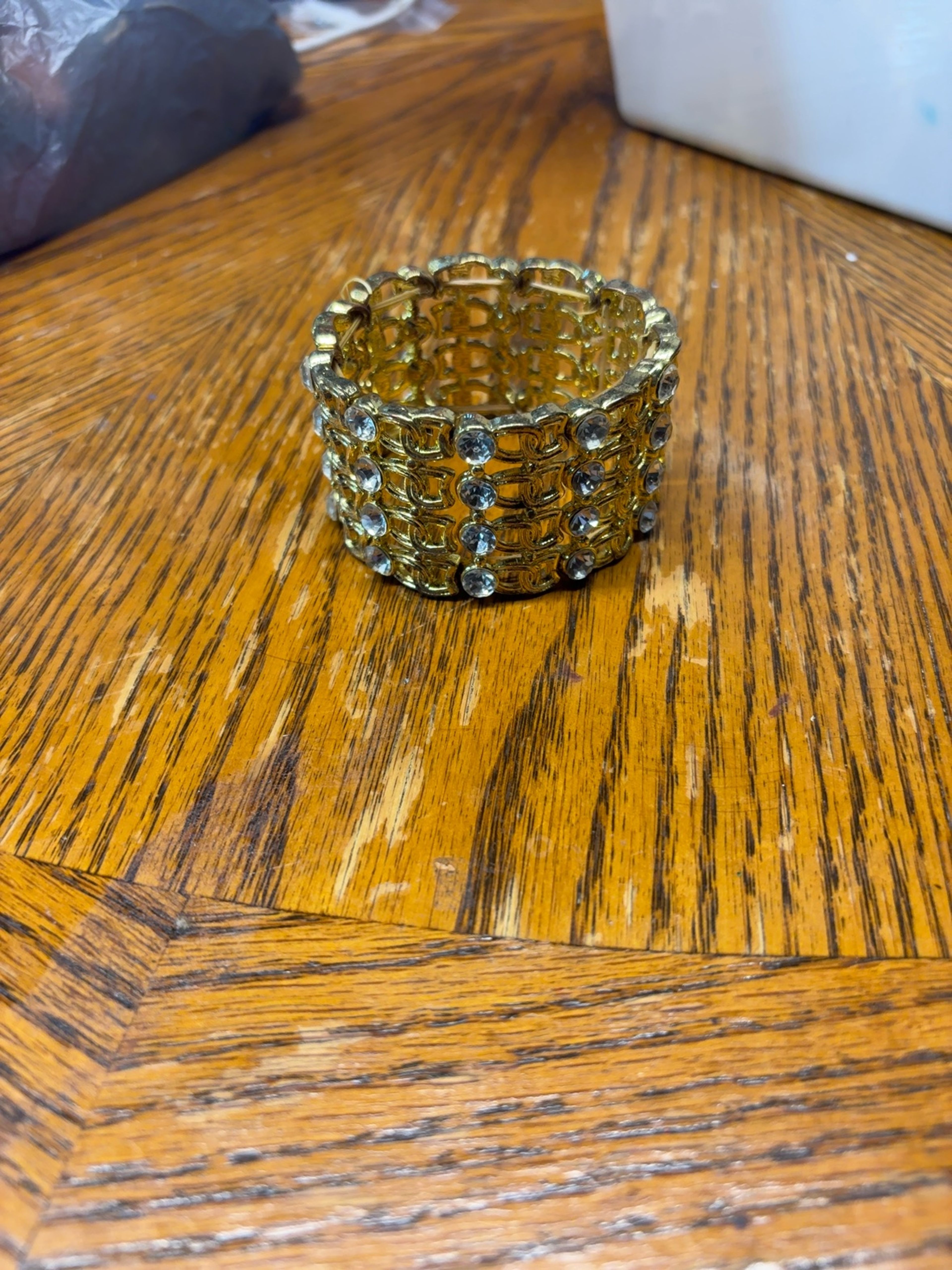 Gold-Tone Crystal Statement Cuff Bracelet – Wide Design