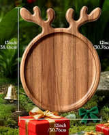Acacia Wood Serving Platter, Christmas Decorative Reindeer Antler, 12"x10"Round - Image 2